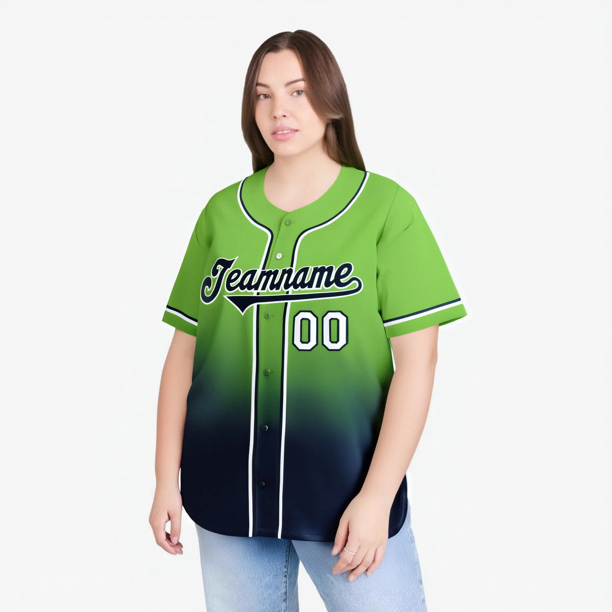 Custom Neon Green Navy-White Authentic Fade Fashion Baseball Jersey