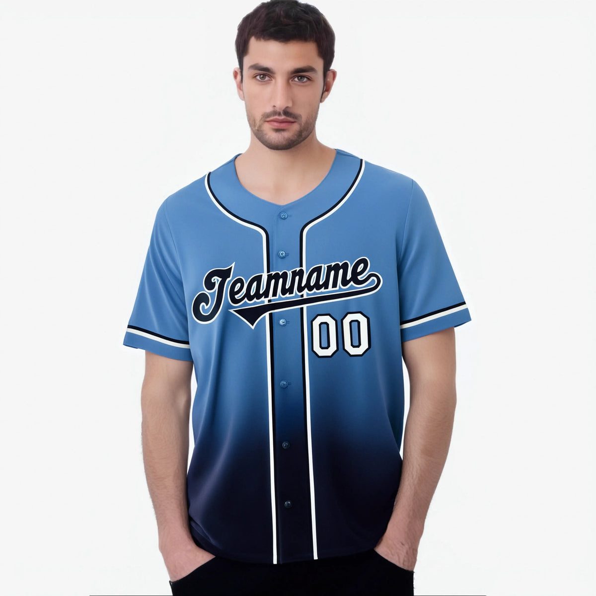 Custom Light Blue Navy-White Authentic Fade Fashion Baseball Jersey