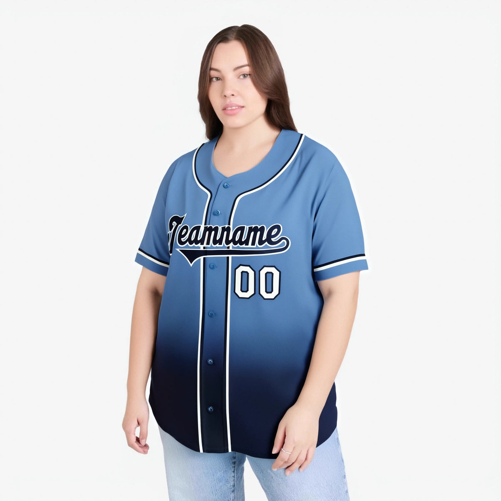 Custom Light Blue Navy-White Authentic Fade Fashion Baseball Jersey