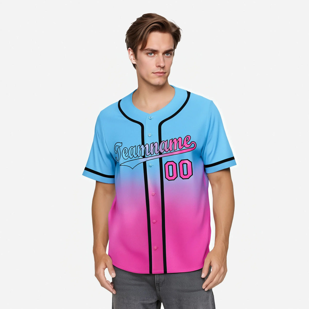 Custom Light Blue Pink-Black Authentic Fade Fashion Baseball Jersey