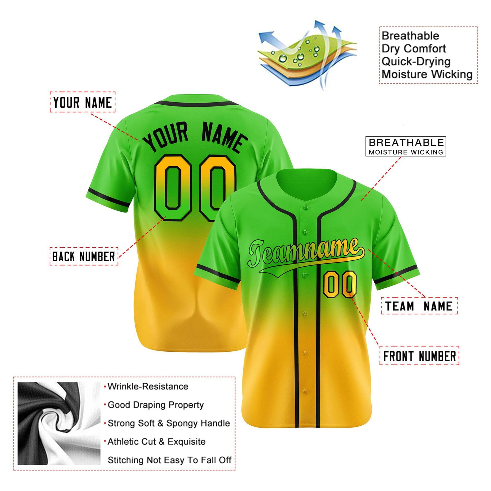 Custom Green Yellow-Black Authentic Fade Fashion Baseball Jersey