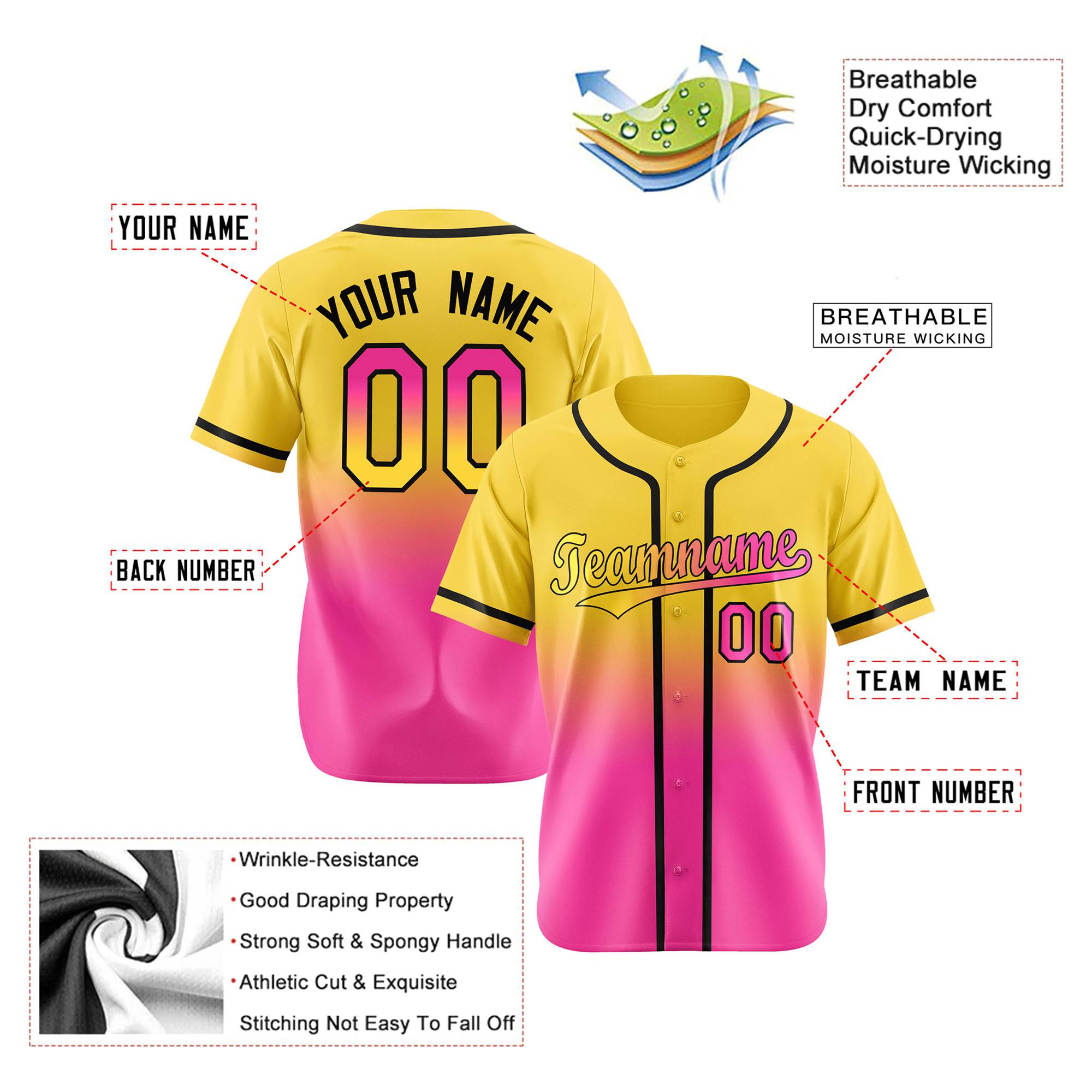 Custom Yellow Pink-Black Authentic Fade Fashion Baseball Jersey