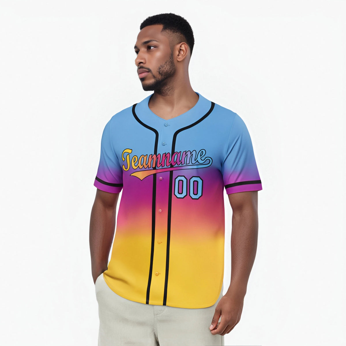 Custom Light Blue Pink-Yellow Black Authentic Fade Fashion Baseball Jersey