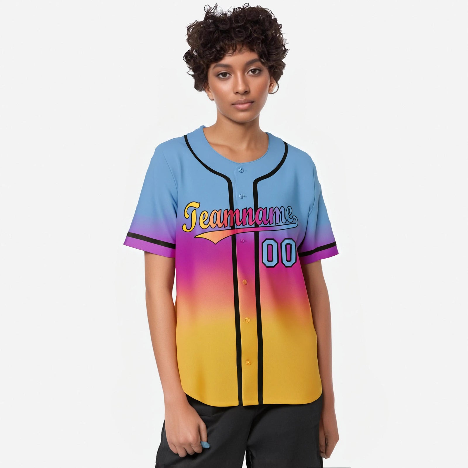 Custom Light Blue Pink-Yellow Black Authentic Fade Fashion Baseball Jersey