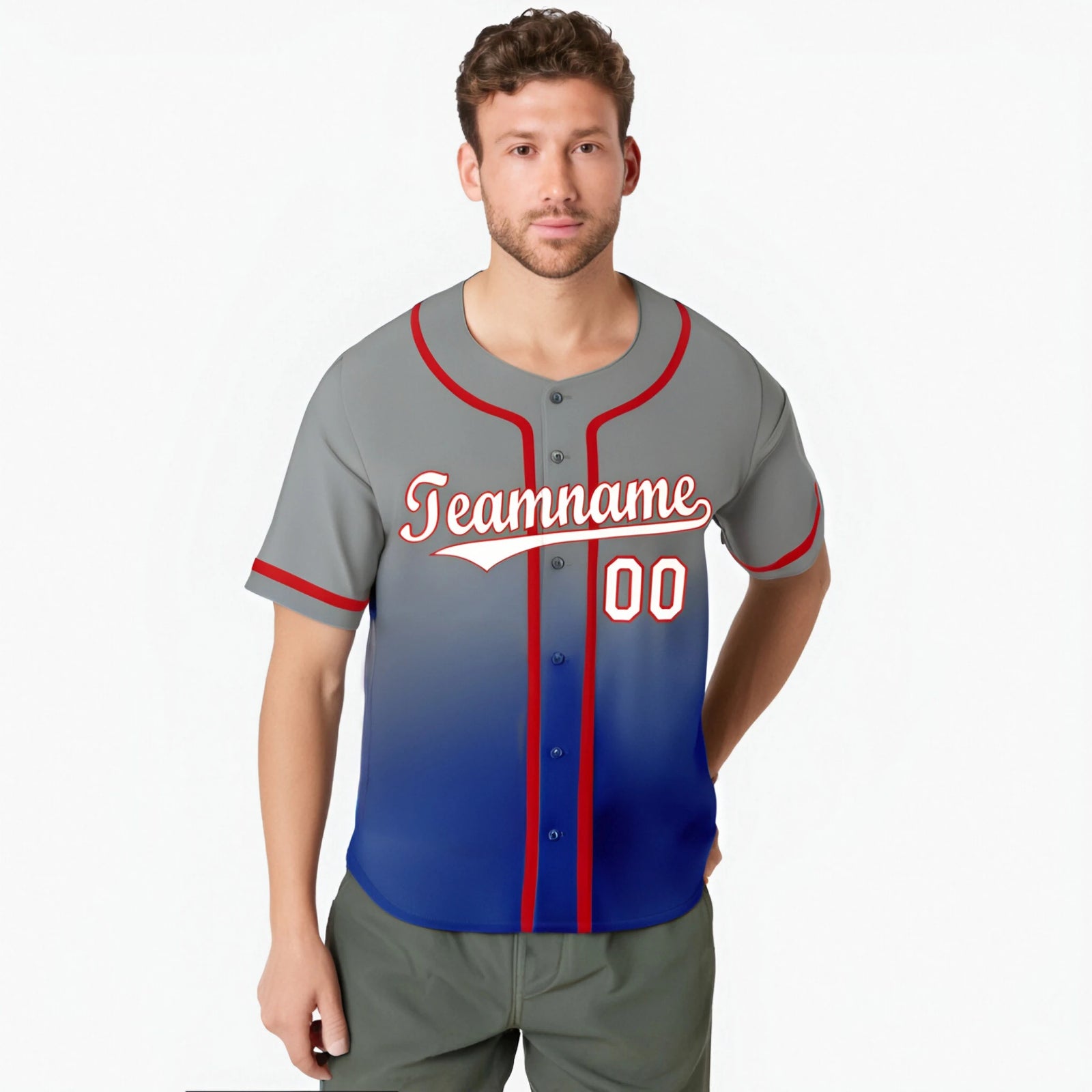 Custom Gray Royal Blue Red Authentic Fade Fashion Baseball Jersey