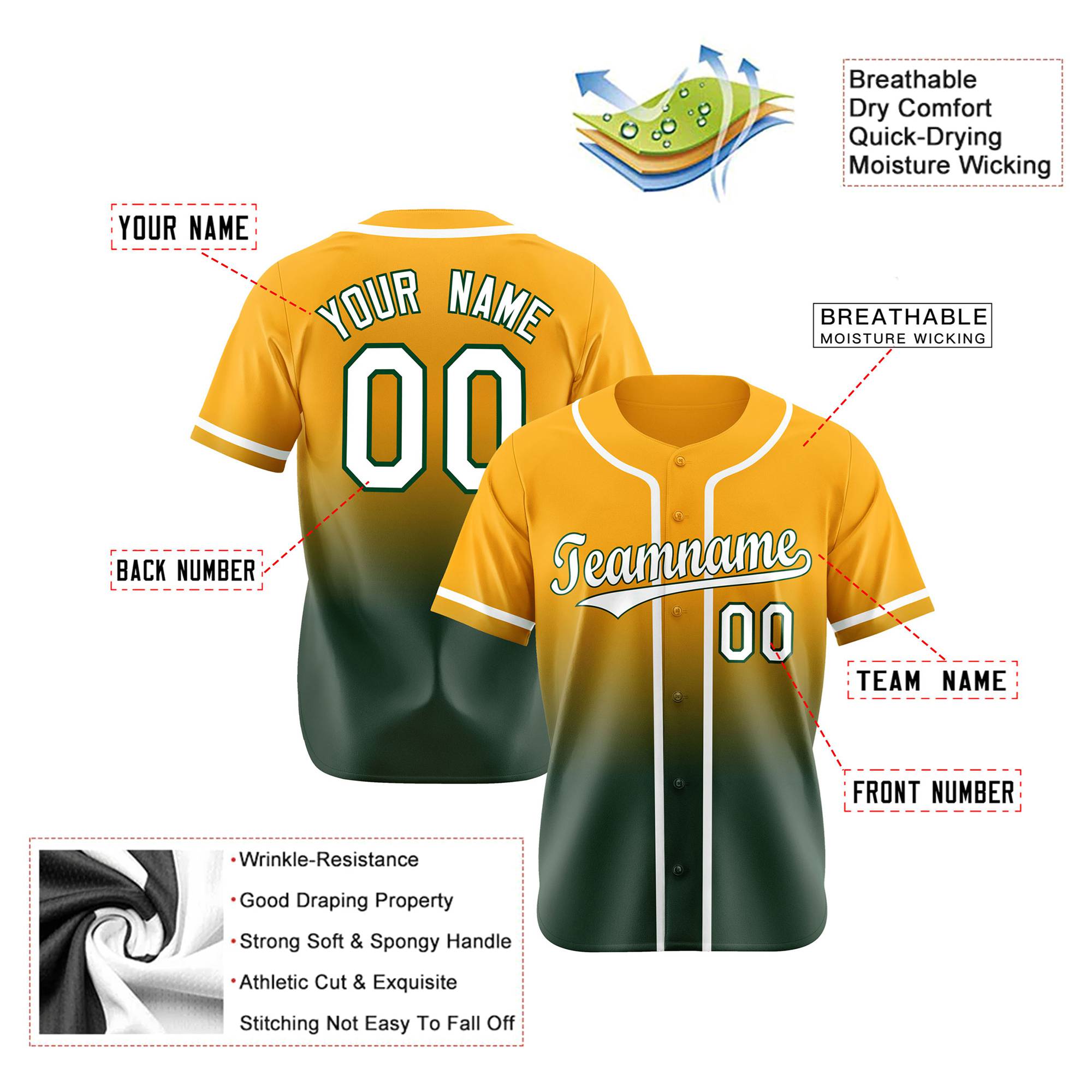 Custom Yellow Green Authentic Fade Fashion Baseball Jersey