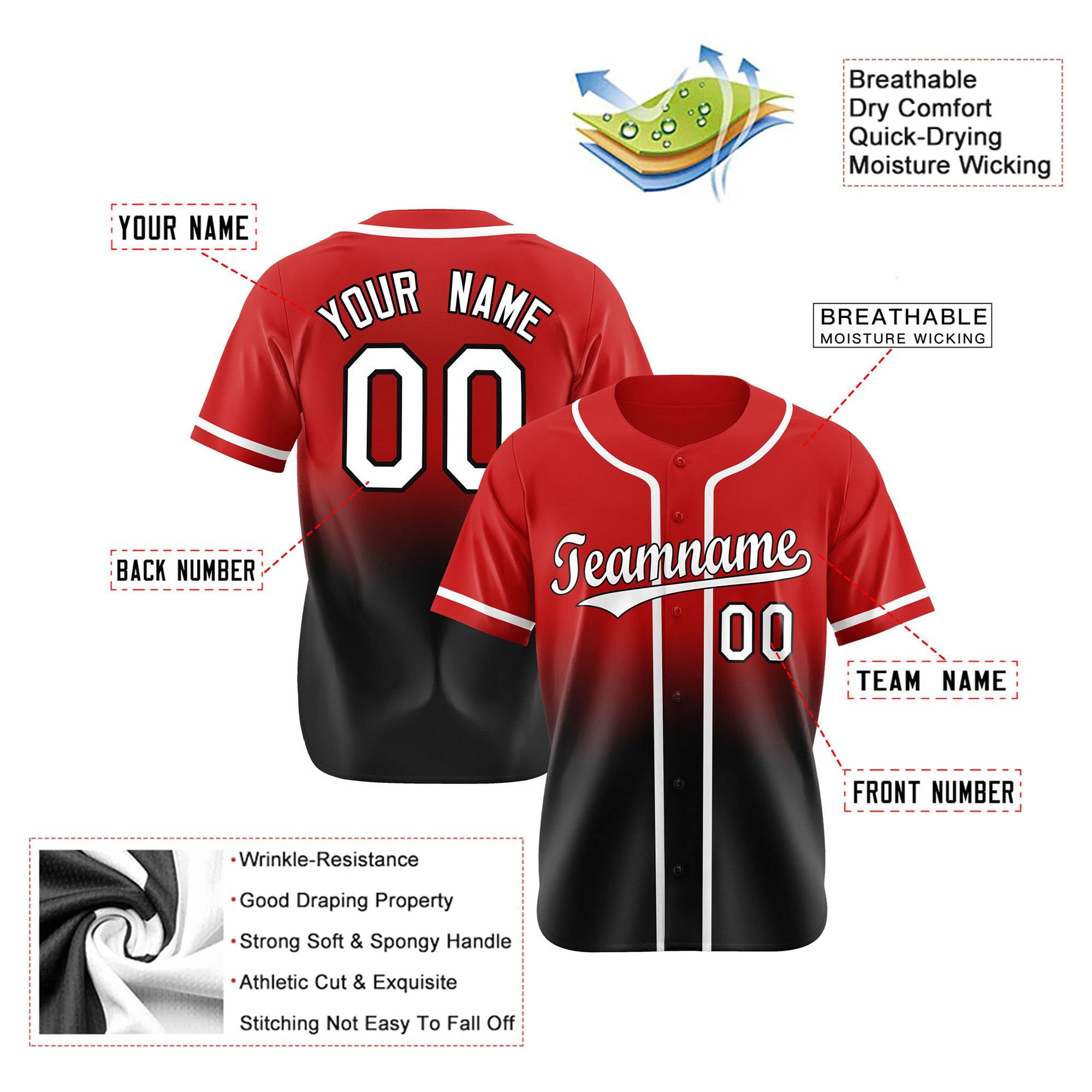 Custom Red Black-White Authentic Fade Fashion Baseball Jersey