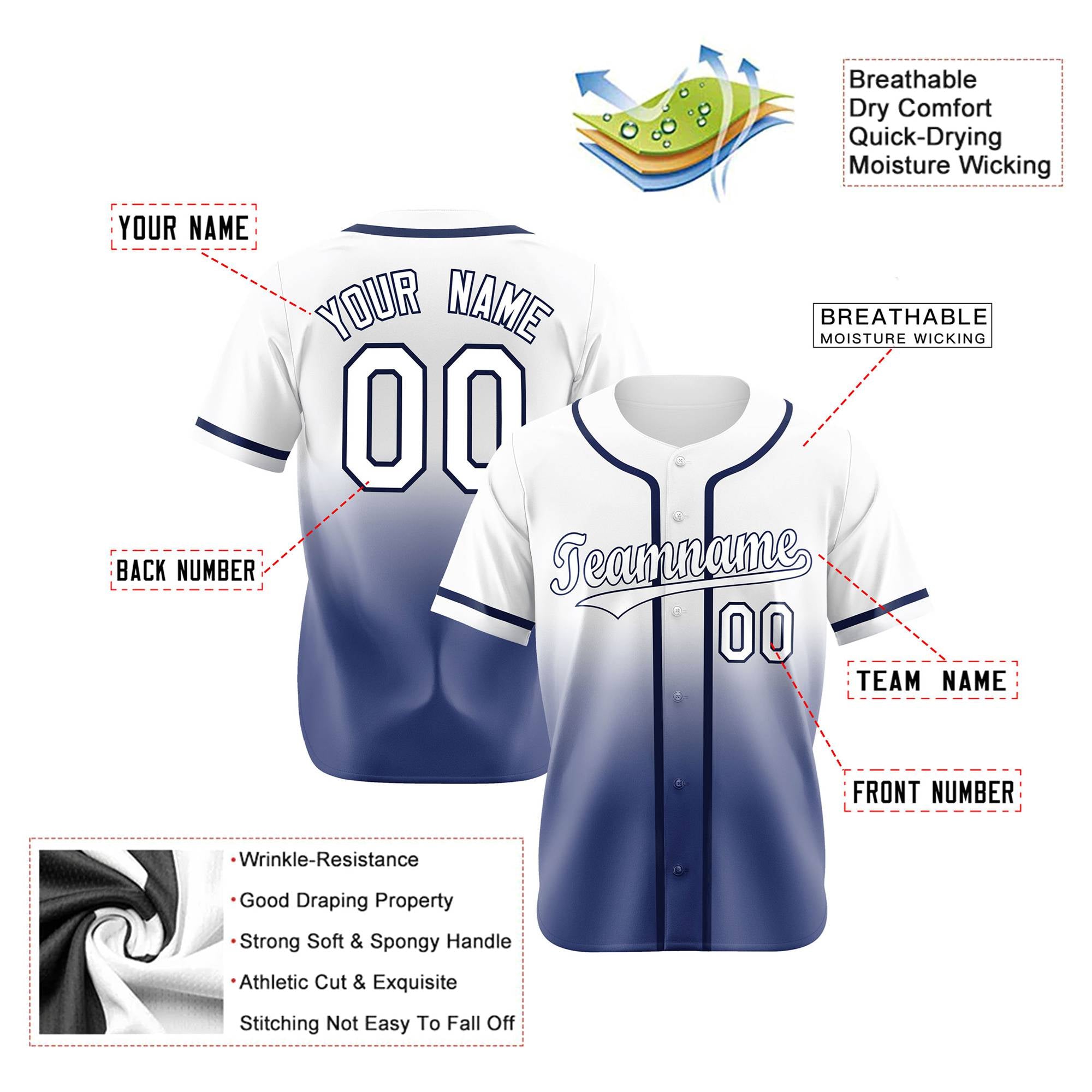 Custom Whit Blue Authentic Fade Fashion Baseball Jersey