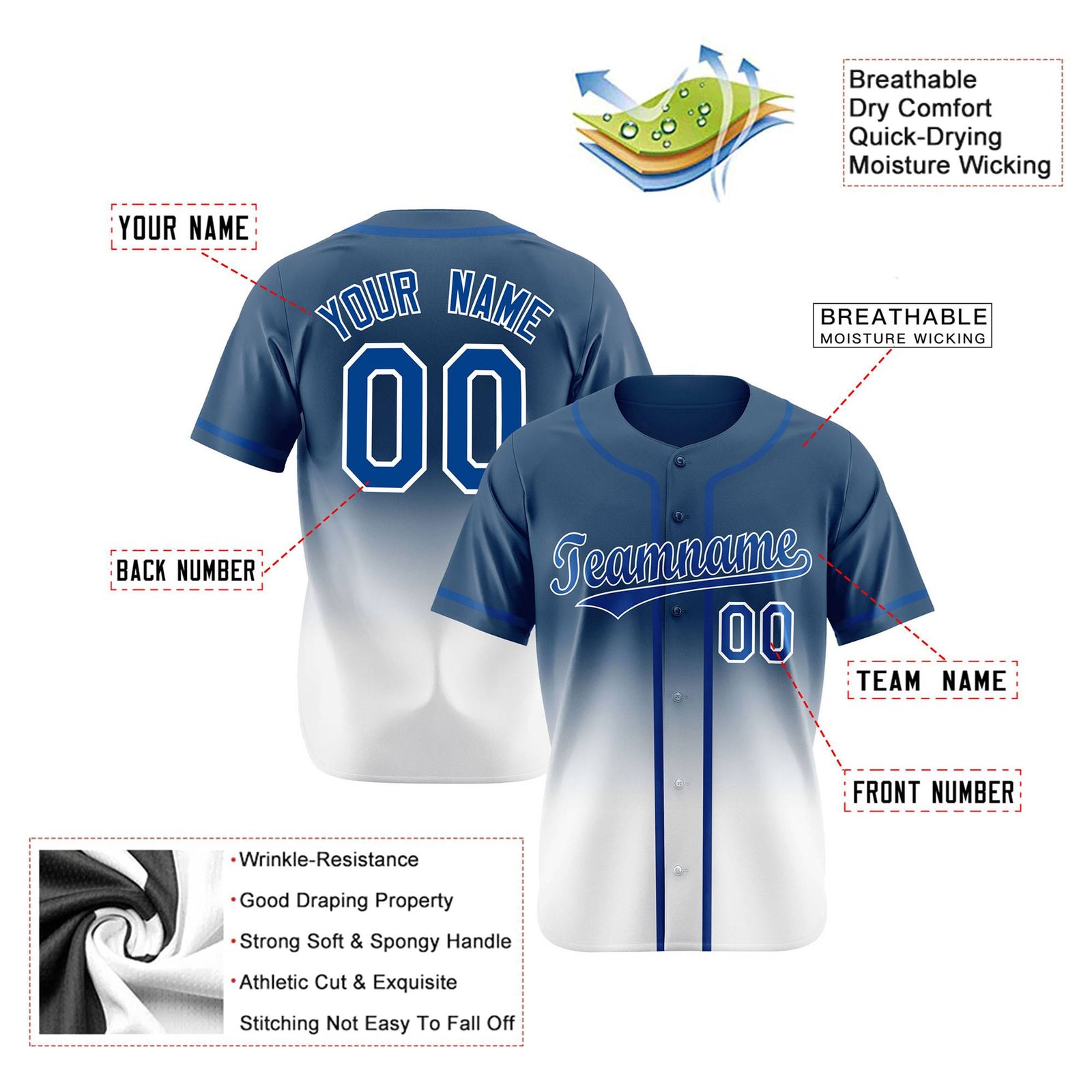 Custom Blue White Authentic Fade Fashion Baseball Jersey