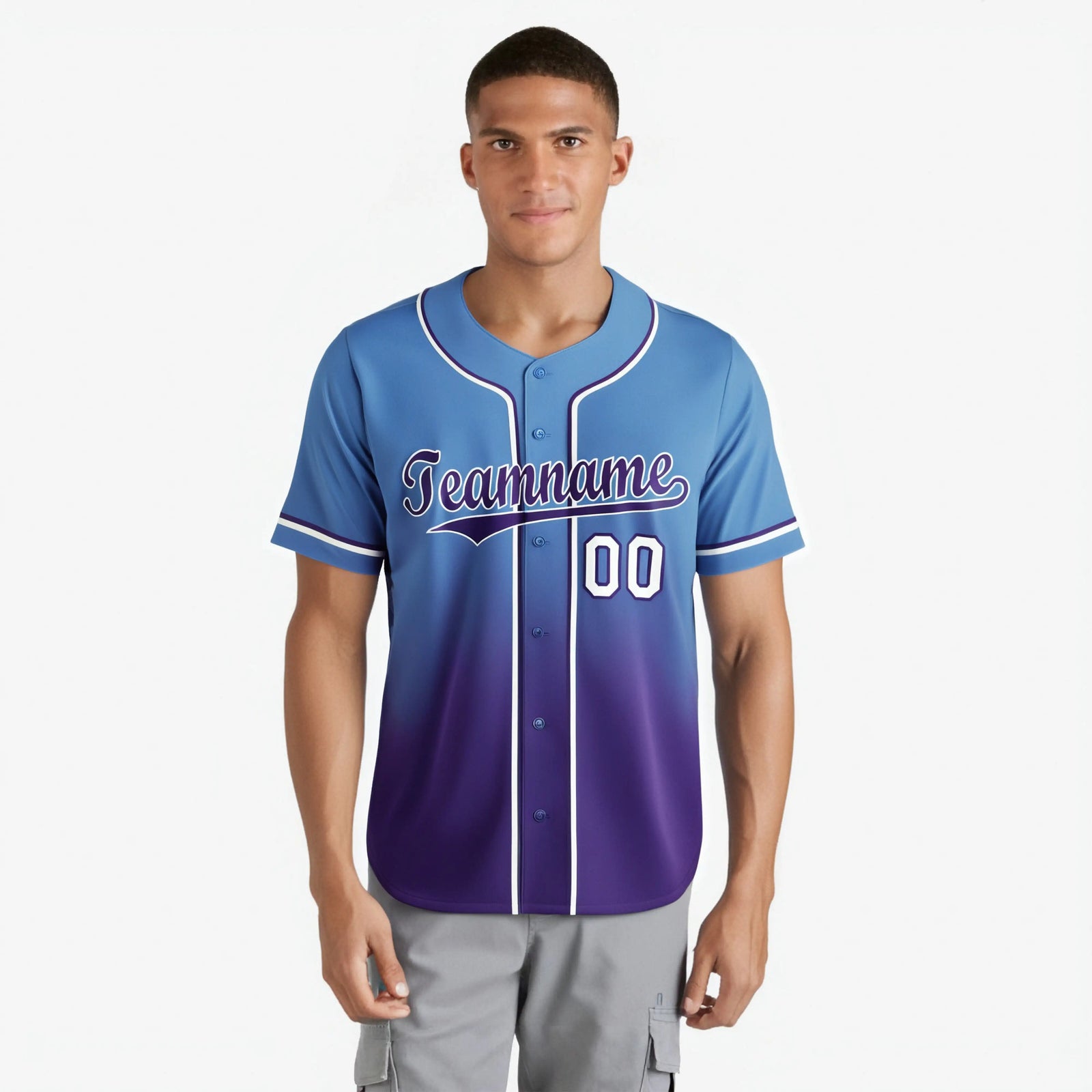 Custom Light Blue Purple-White Authentic Fade Fashion Baseball Jersey