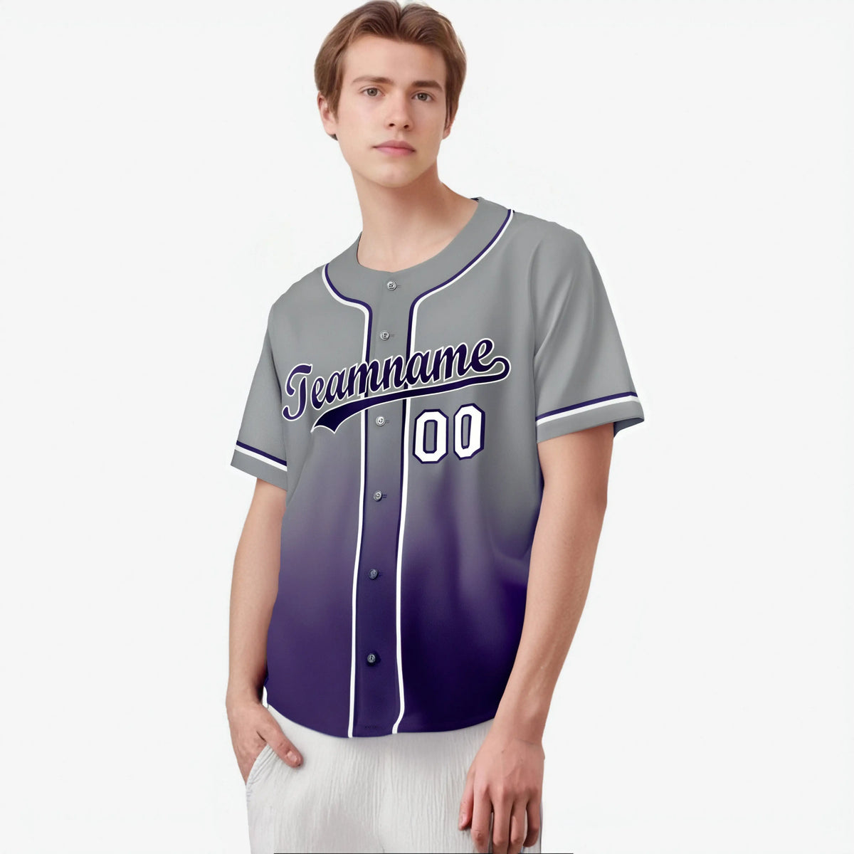 Custom Gray Purple-White Authentic Fade Fashion Baseball Jersey