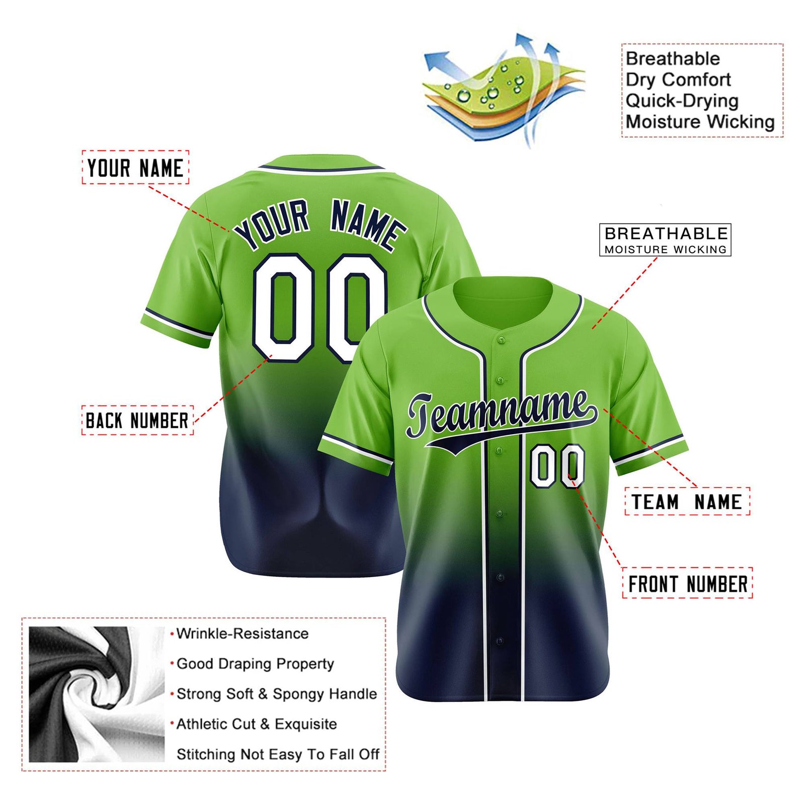 Custom Neon Green Navy-White Authentic Fade Fashion Baseball Jersey