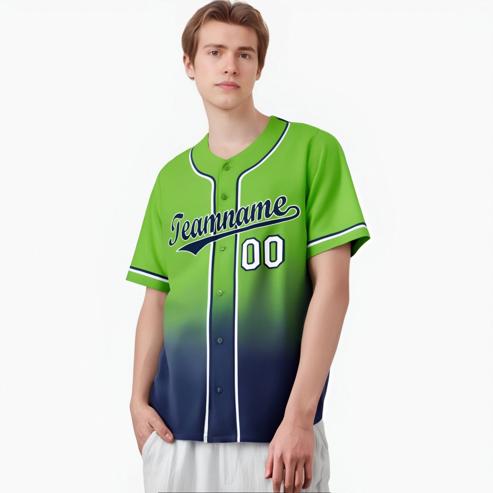 Custom Neon Green Navy-White Authentic Fade Fashion Baseball Jersey