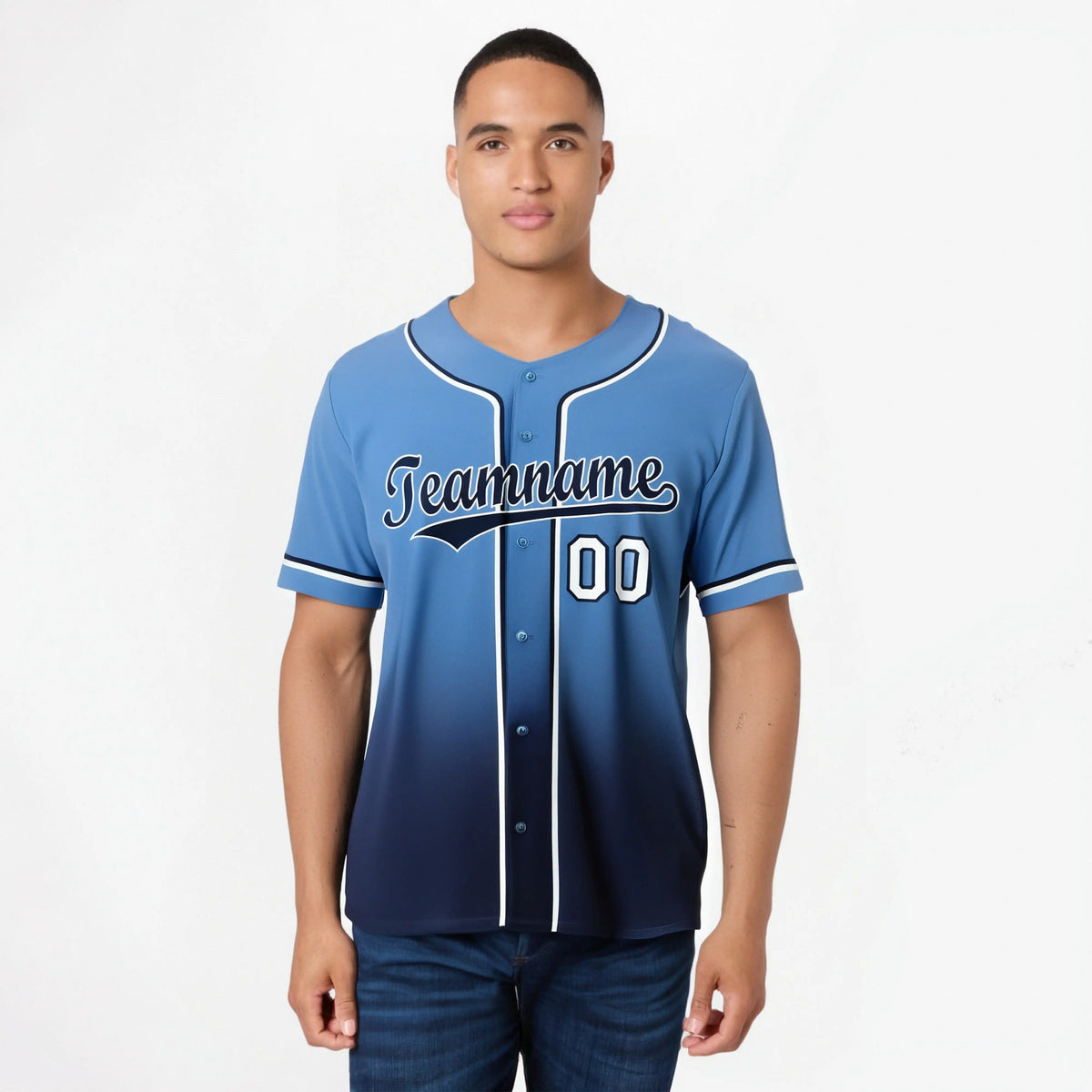Custom Light Blue Navy-White Authentic Fade Fashion Baseball Jersey
