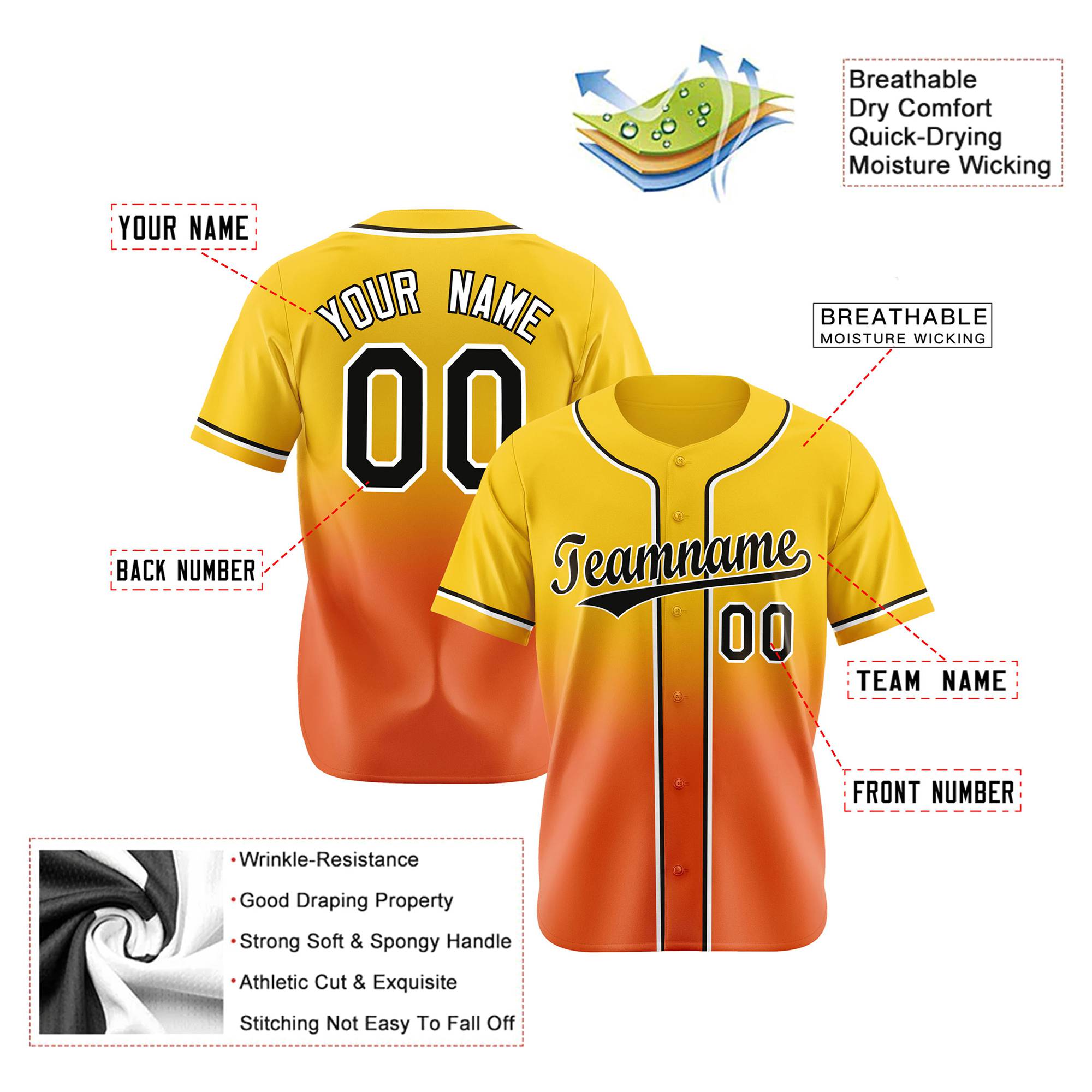 Custom Gold Orange-Black Authentic Fade Fashion Baseball Jersey