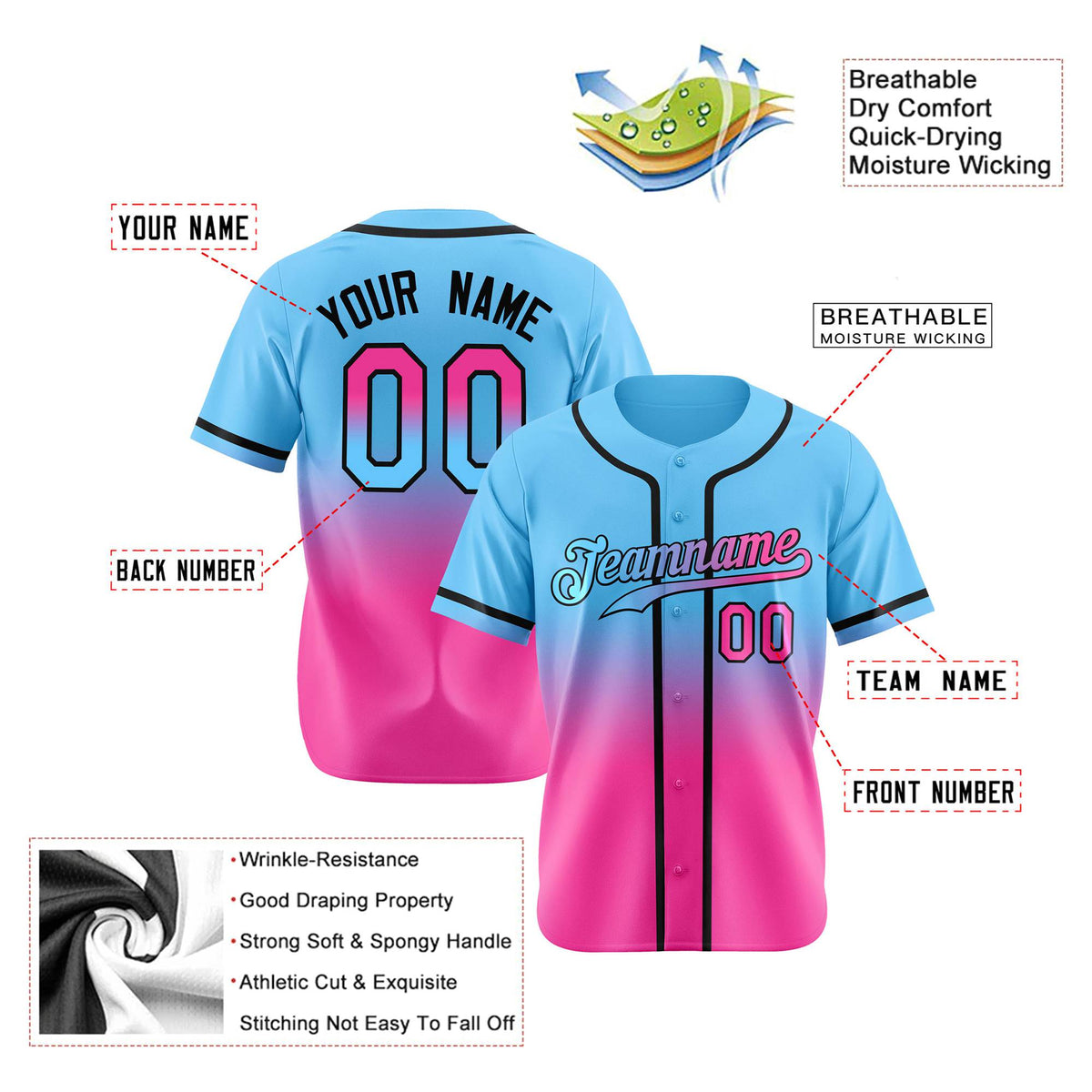 Custom Light Blue Pink-Black Authentic Fade Fashion Baseball Jersey