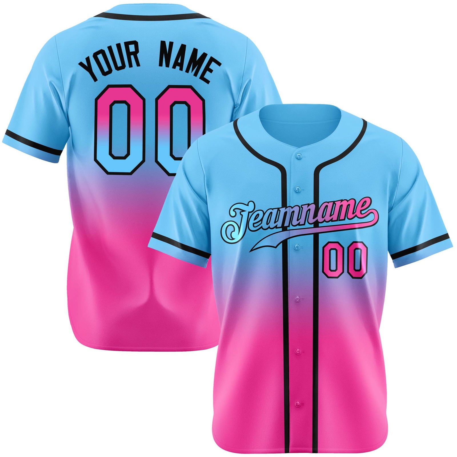 Custom Light Blue Pink-Black Authentic Fade Fashion Baseball Jersey