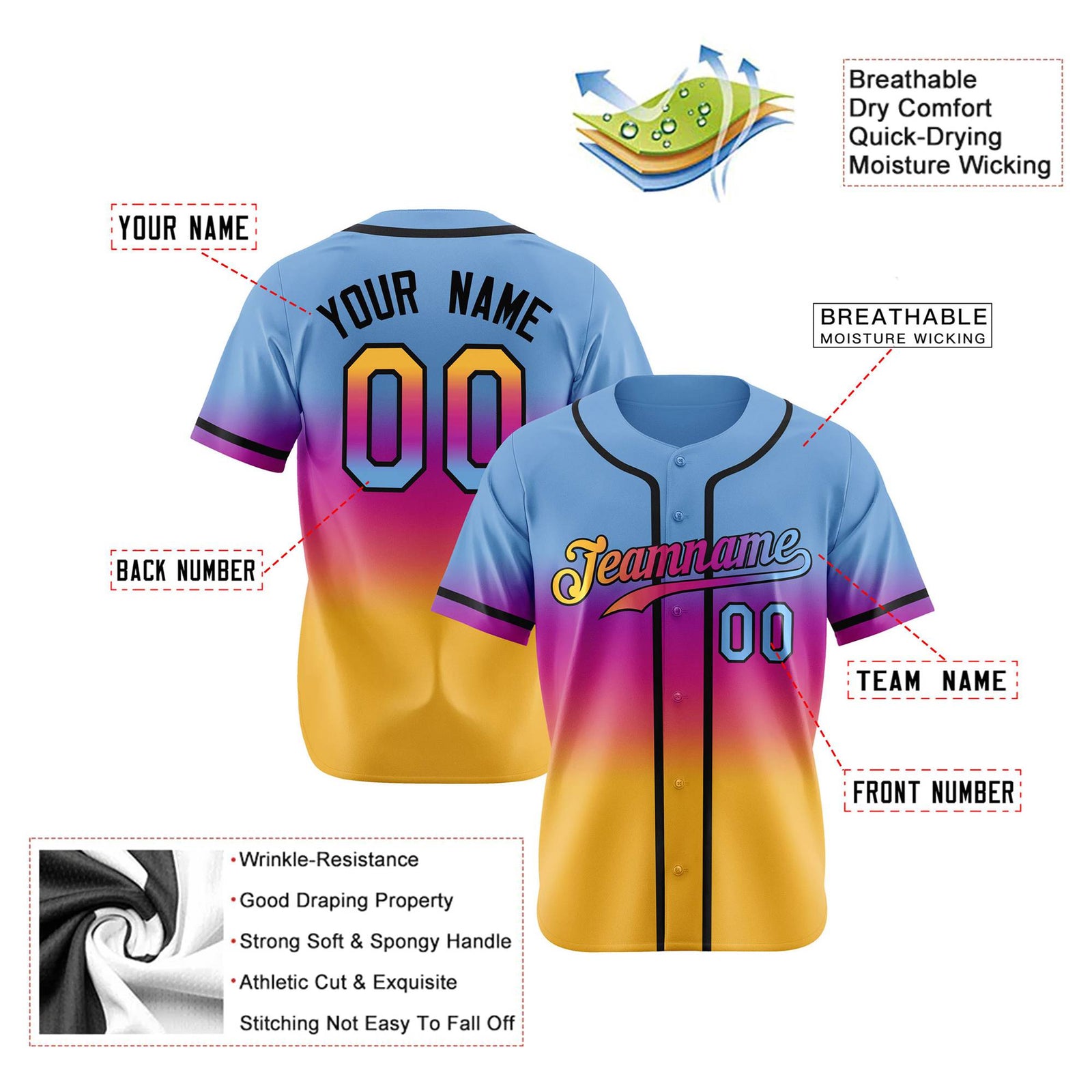 Custom Light Blue Pink-Yellow Black Authentic Fade Fashion Baseball Jersey