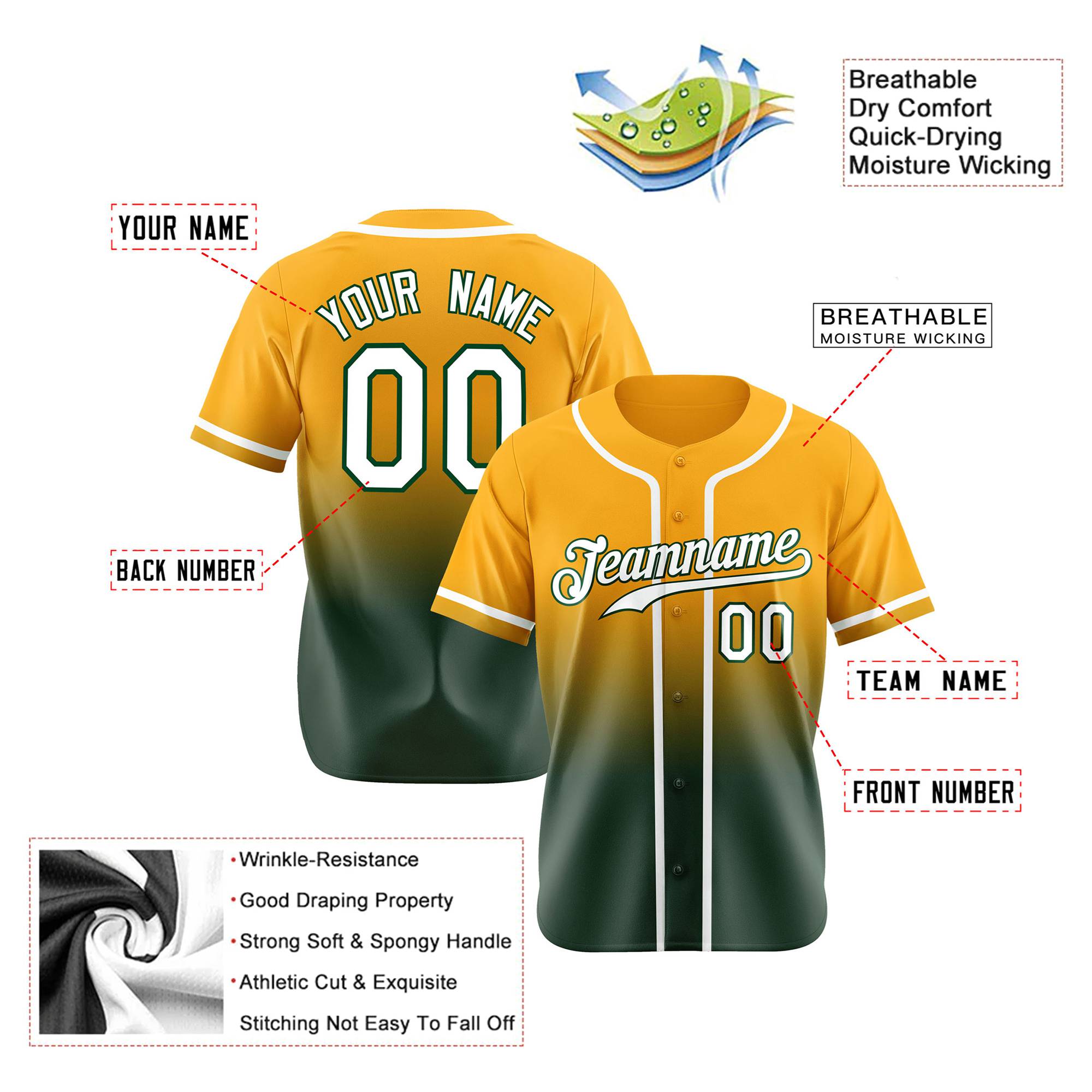 Custom Yellow Green Authentic Fade Fashion Baseball Jersey