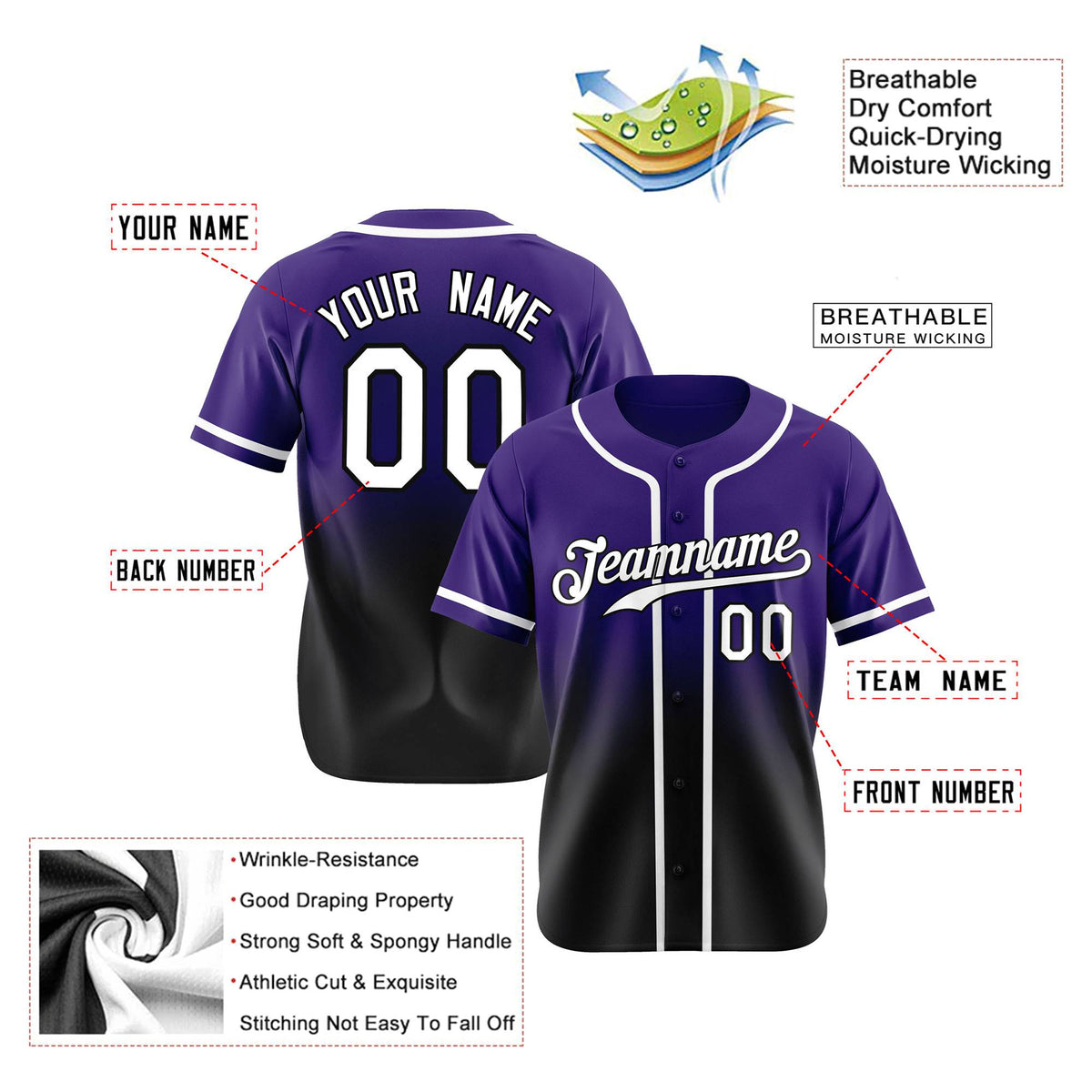 Custom Purple Black-White Authentic Fade Fashion Baseball Jersey