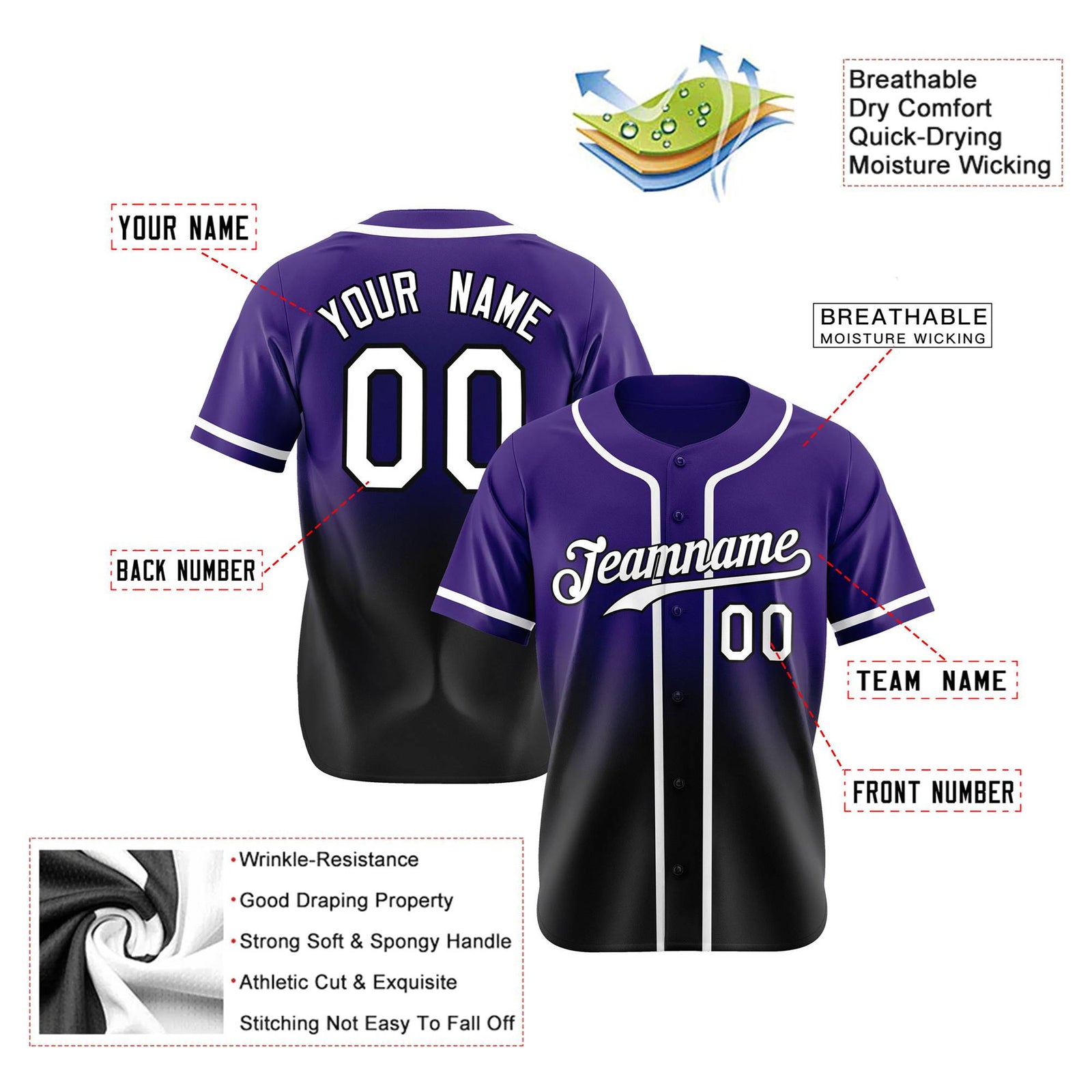 Custom Purple Black-White Authentic Fade Fashion Baseball Jersey