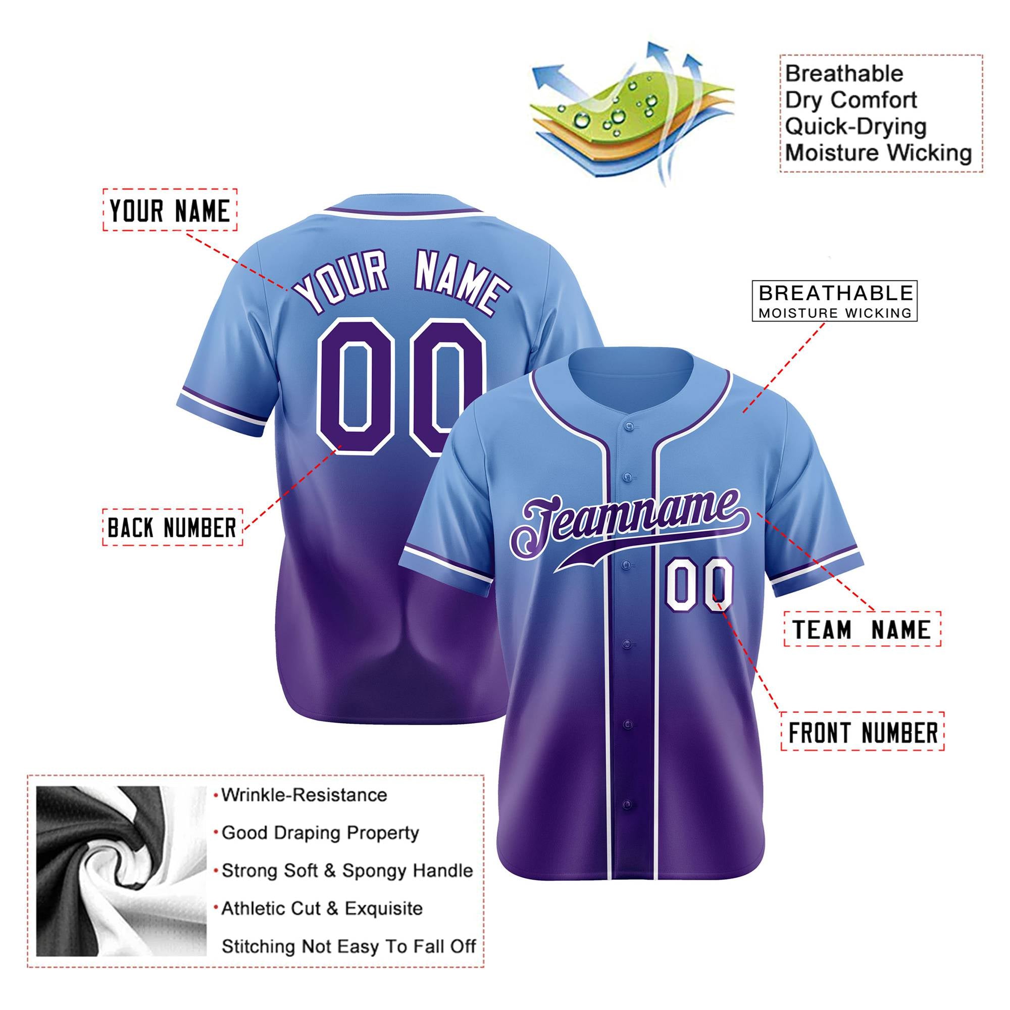 Custom Light Blue Purple-White Authentic Fade Fashion Baseball Jersey