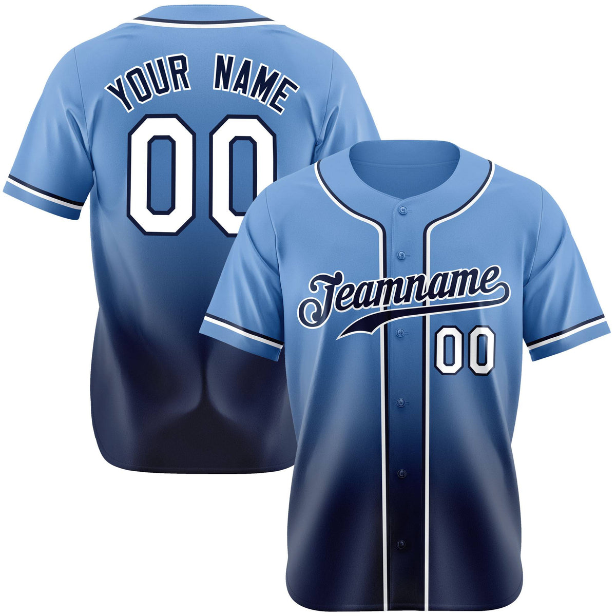 Custom Light Blue Navy-White Authentic Fade Fashion Baseball Jersey