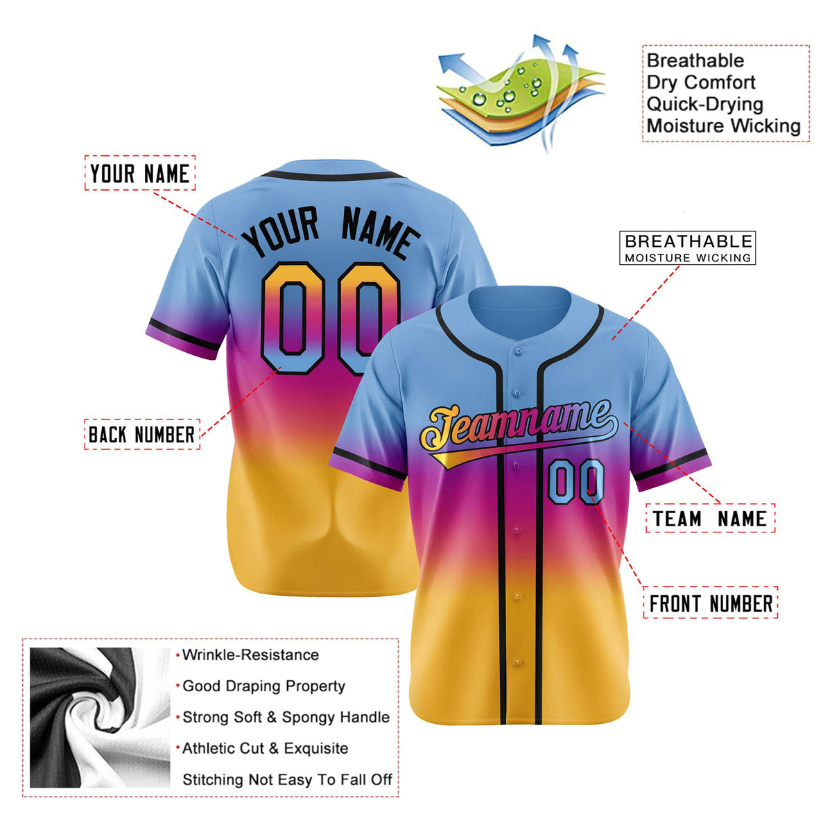 Custom Light Blue Pink-Yellow Black Authentic Fade Fashion Baseball Jersey