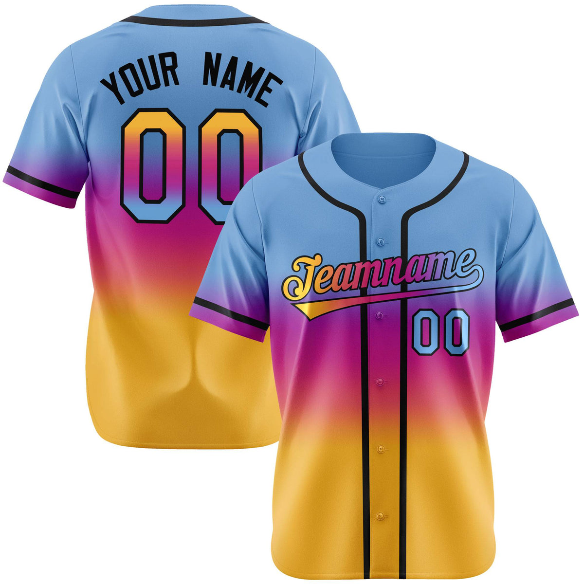 Custom Light Blue Pink-Yellow Black Authentic Fade Fashion Baseball Jersey