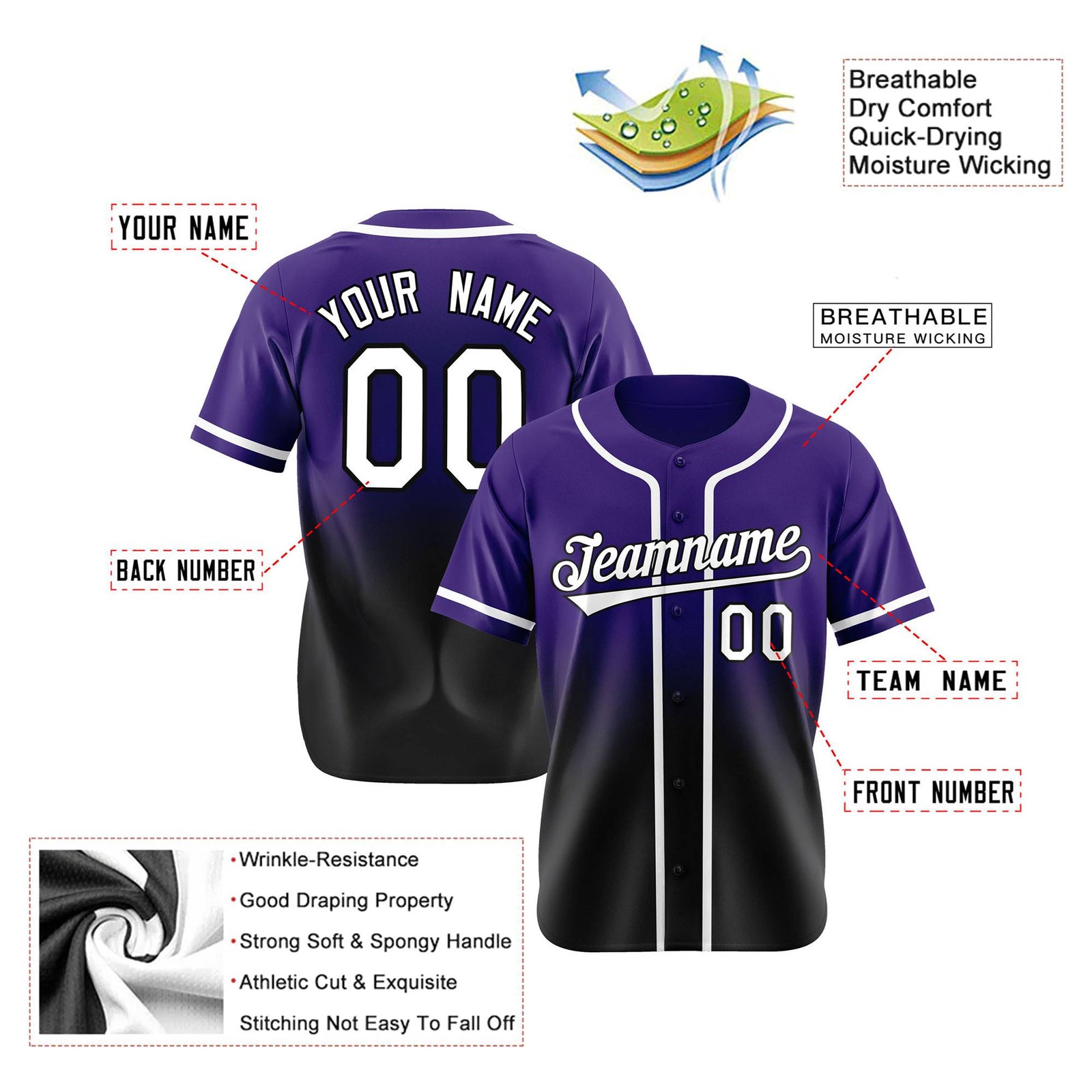 Custom Purple Black-White Authentic Fade Fashion Baseball Jersey