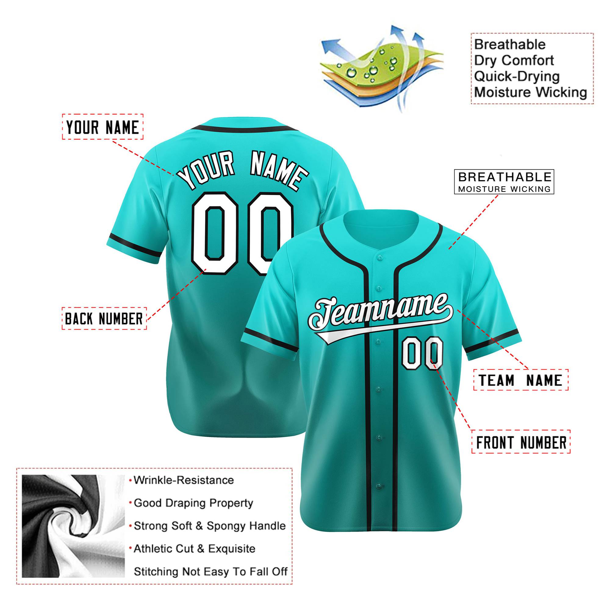 Custom Aqua White-Black Authentic Fade Fashion Baseball Jersey