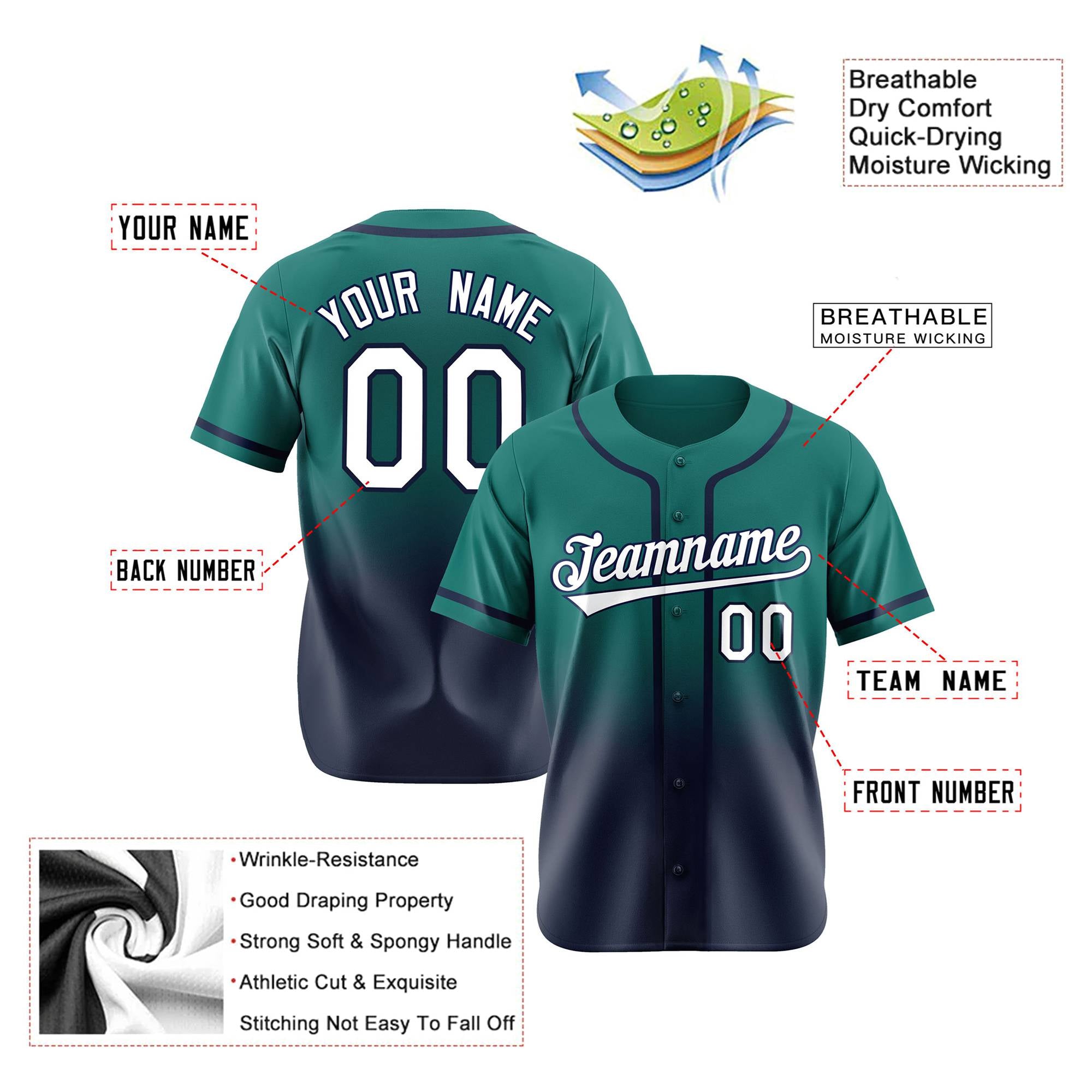 Custom Aqua Navy-White Authentic Fade Fashion Baseball Jersey