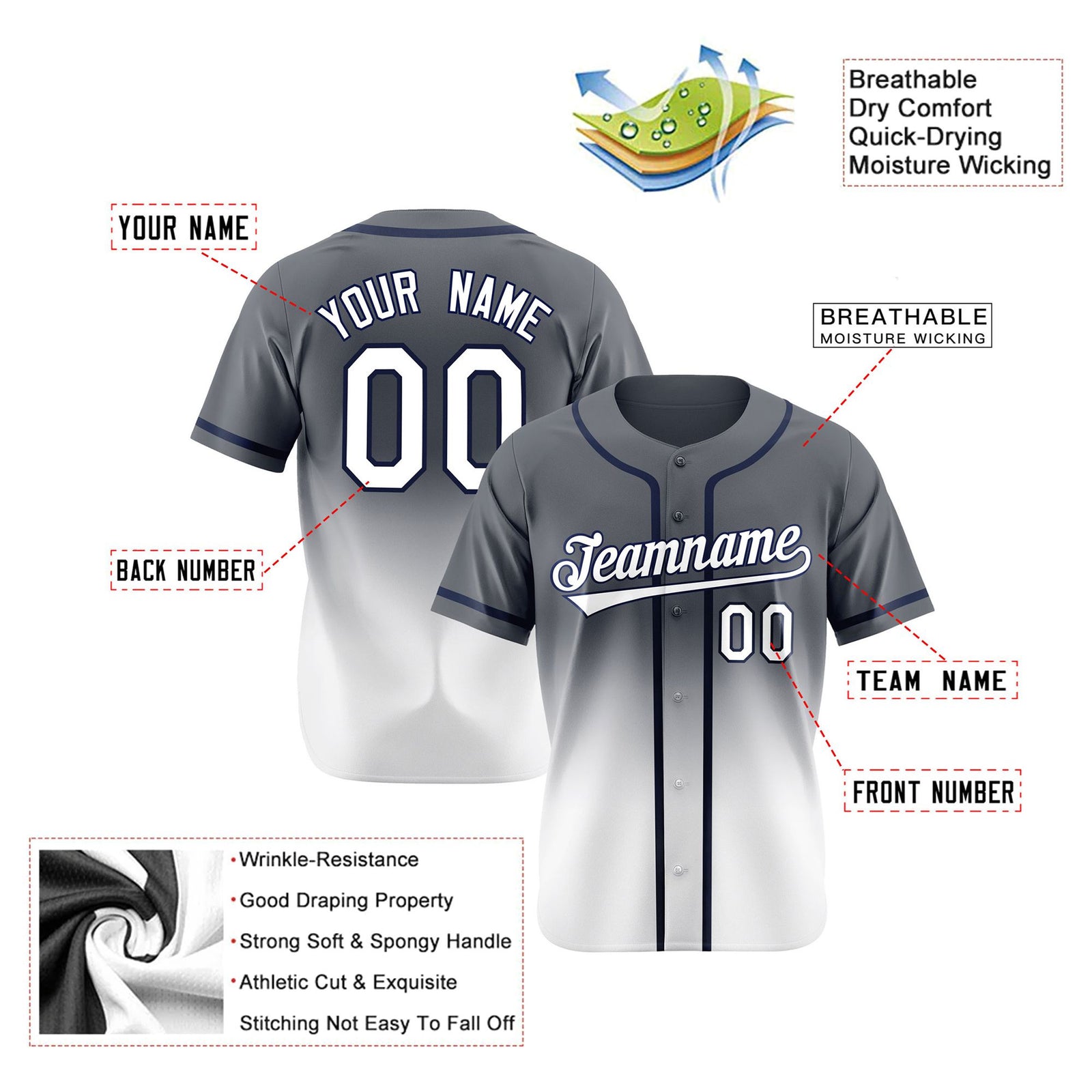 Custom Dark Gray White Authentic Fade Fashion Baseball Jersey