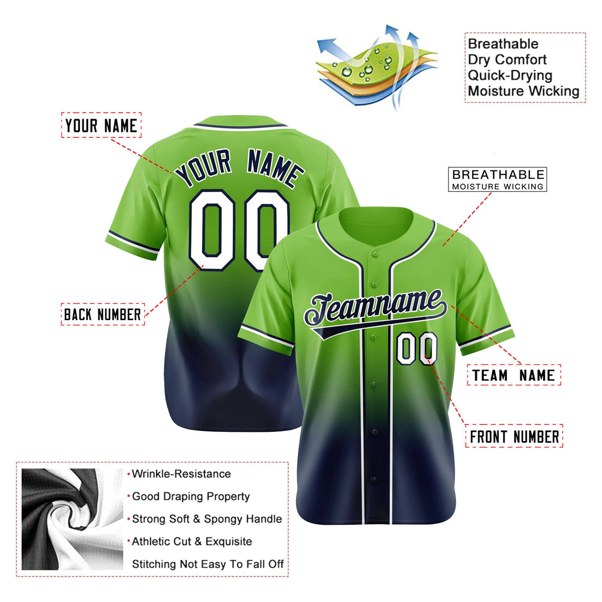 Custom Neon Green Navy-White Authentic Fade Fashion Baseball Jersey