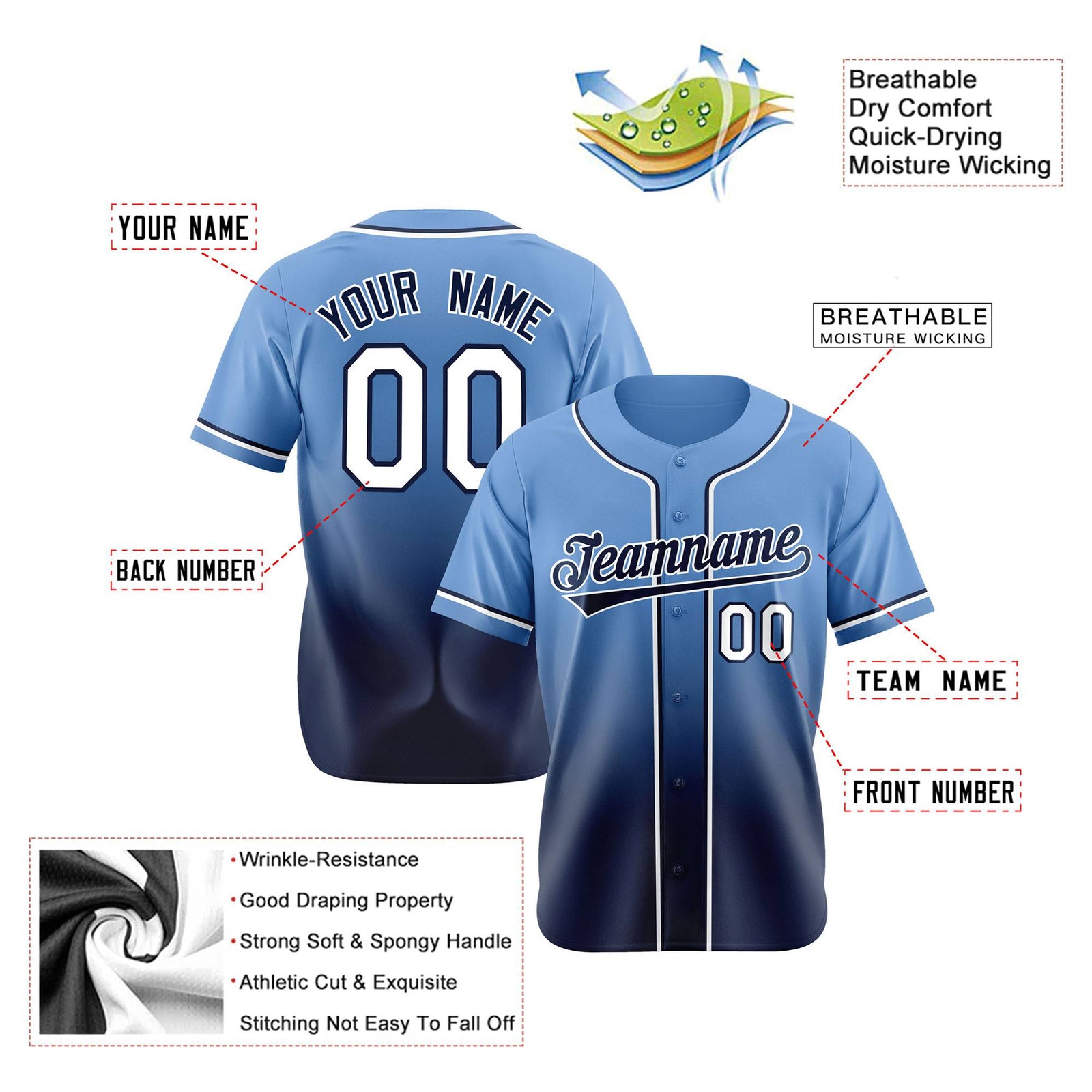 Custom Light Blue Navy-White Authentic Fade Fashion Baseball Jersey