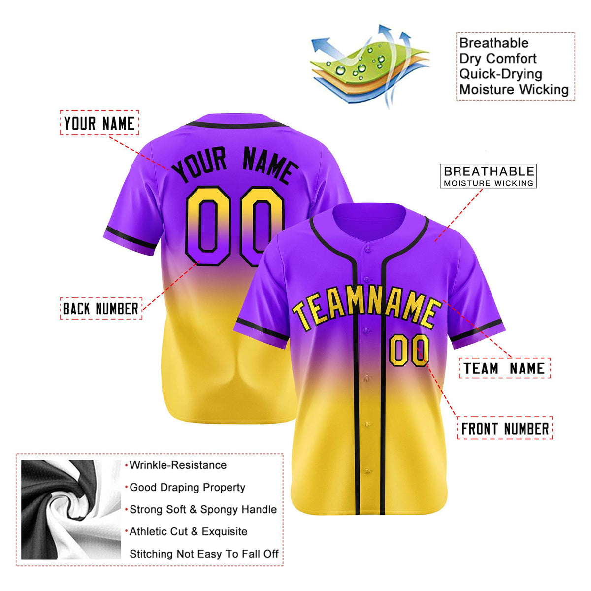 Custom Purple Yellow-Black Authentic Fade Fashion Baseball Jersey