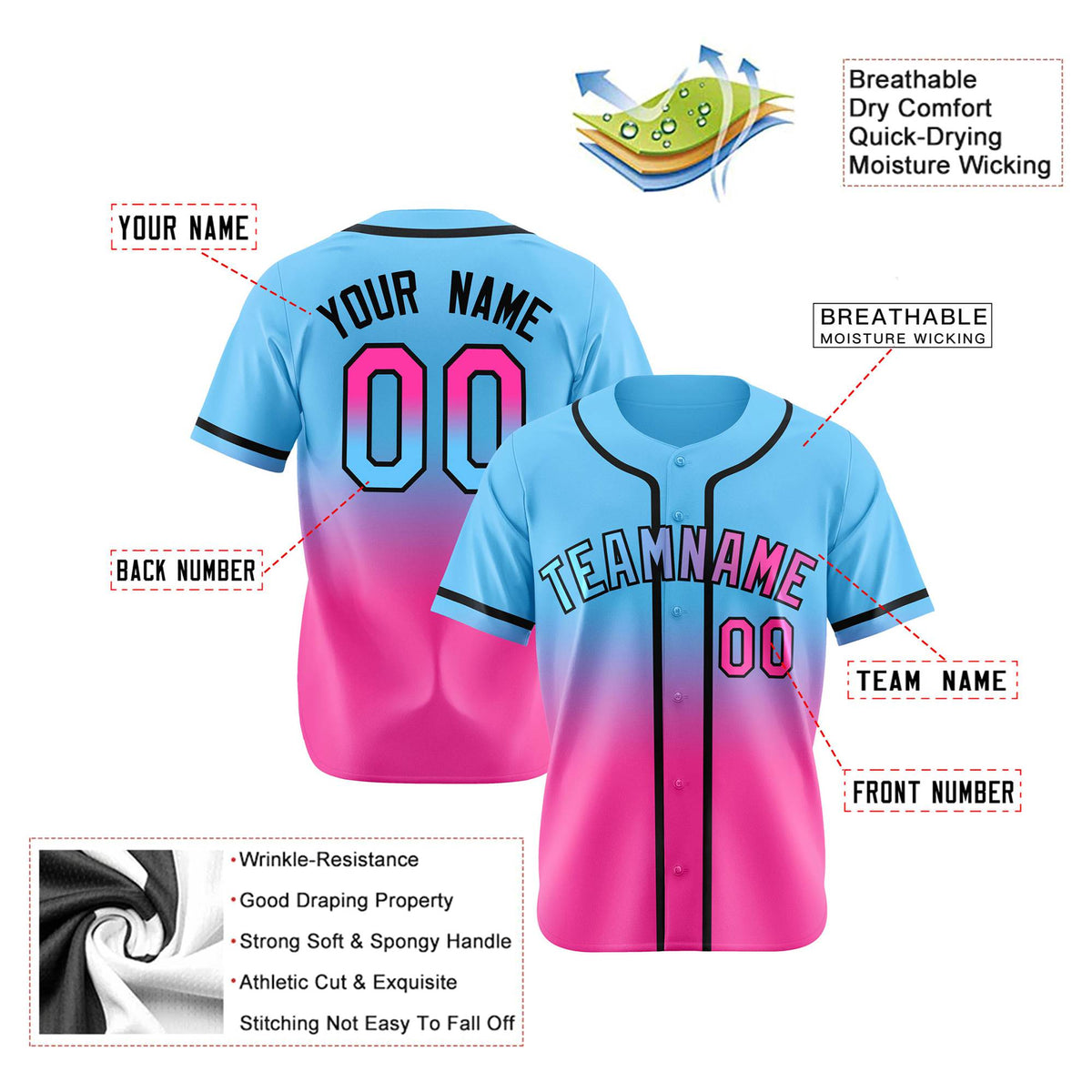 Custom Light Blue Pink-Black Authentic Fade Fashion Baseball Jersey