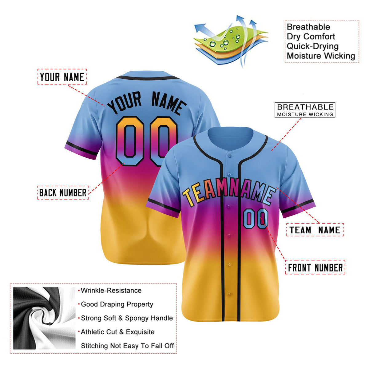 Custom Light Blue Pink-Yellow Black Authentic Fade Fashion Baseball Jersey