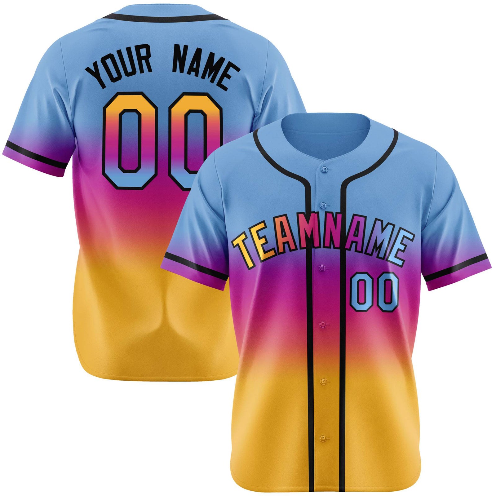 Custom Light Blue Pink-Yellow Black Authentic Fade Fashion Baseball Jersey