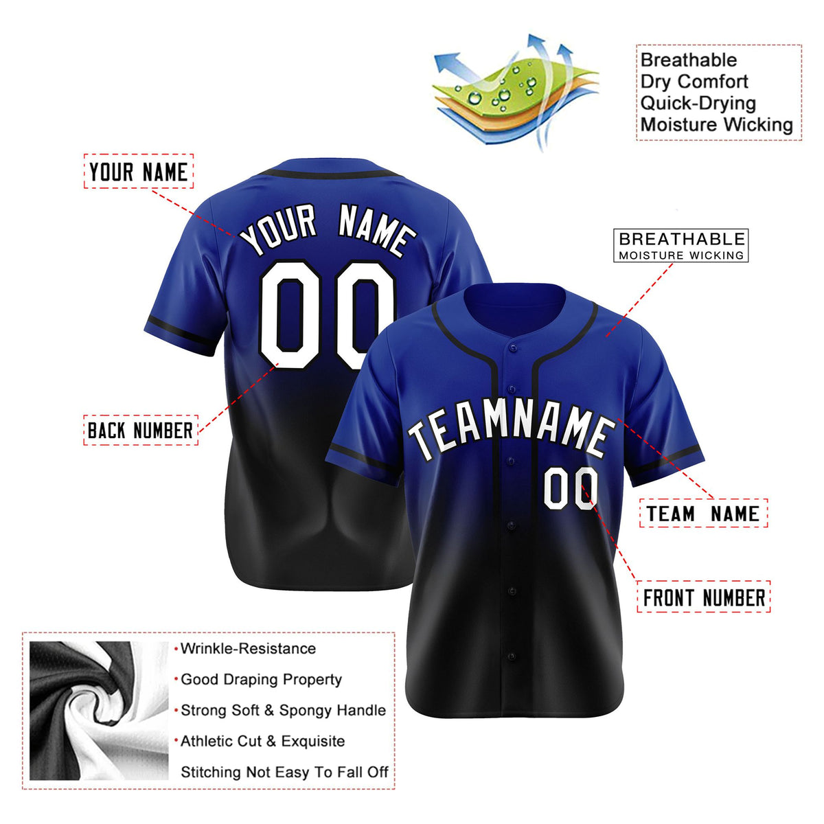 Custom Royal Blue Black-White Authentic Fade Fashion Baseball Jersey