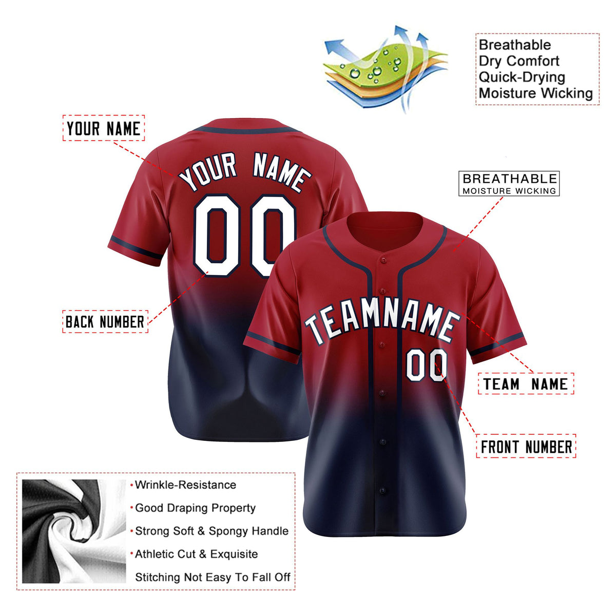 Custom Scarlet Navy-White Authentic Fade Fashion Baseball Jersey