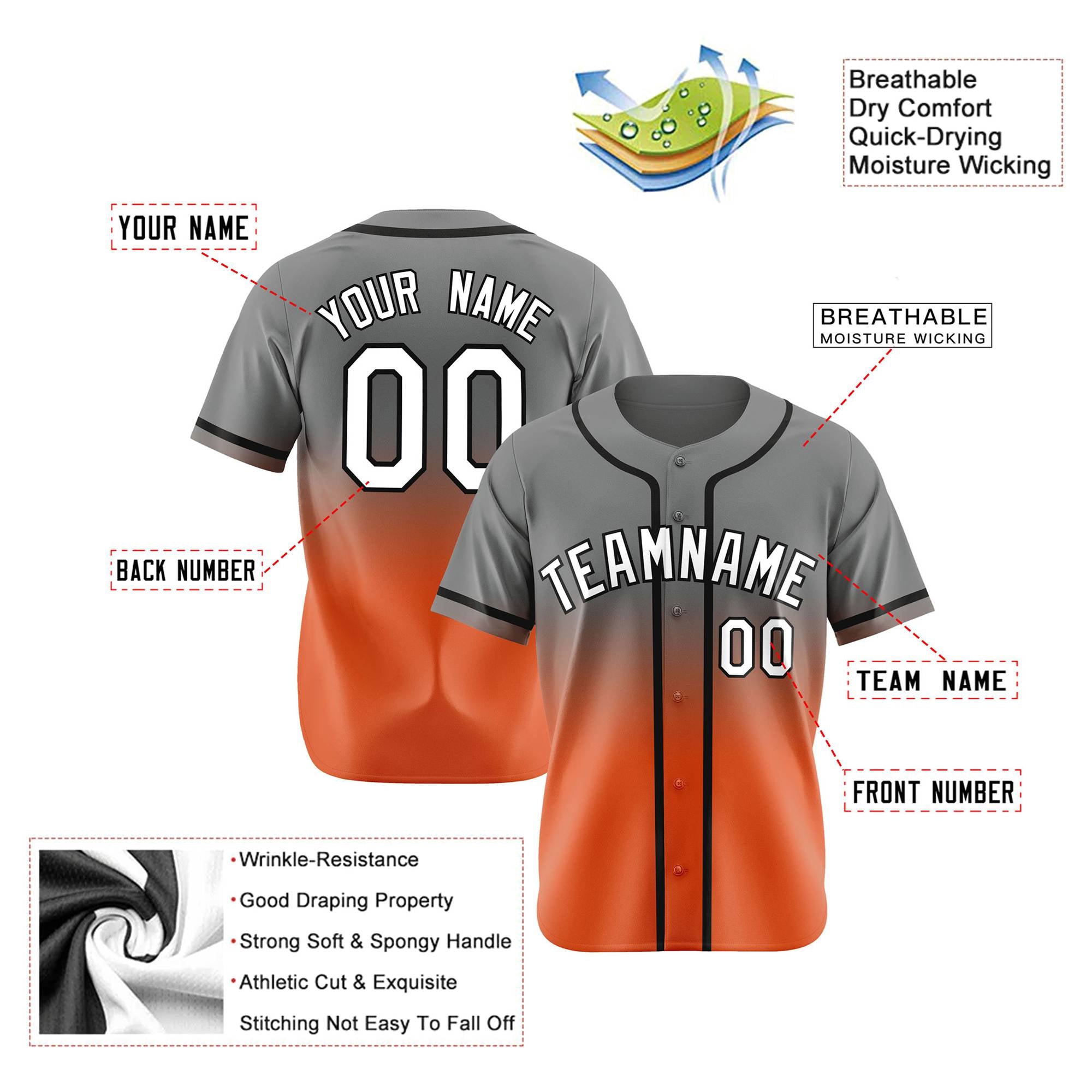 Custom Gray Orange-White Authentic Fade Fashion Baseball Jersey