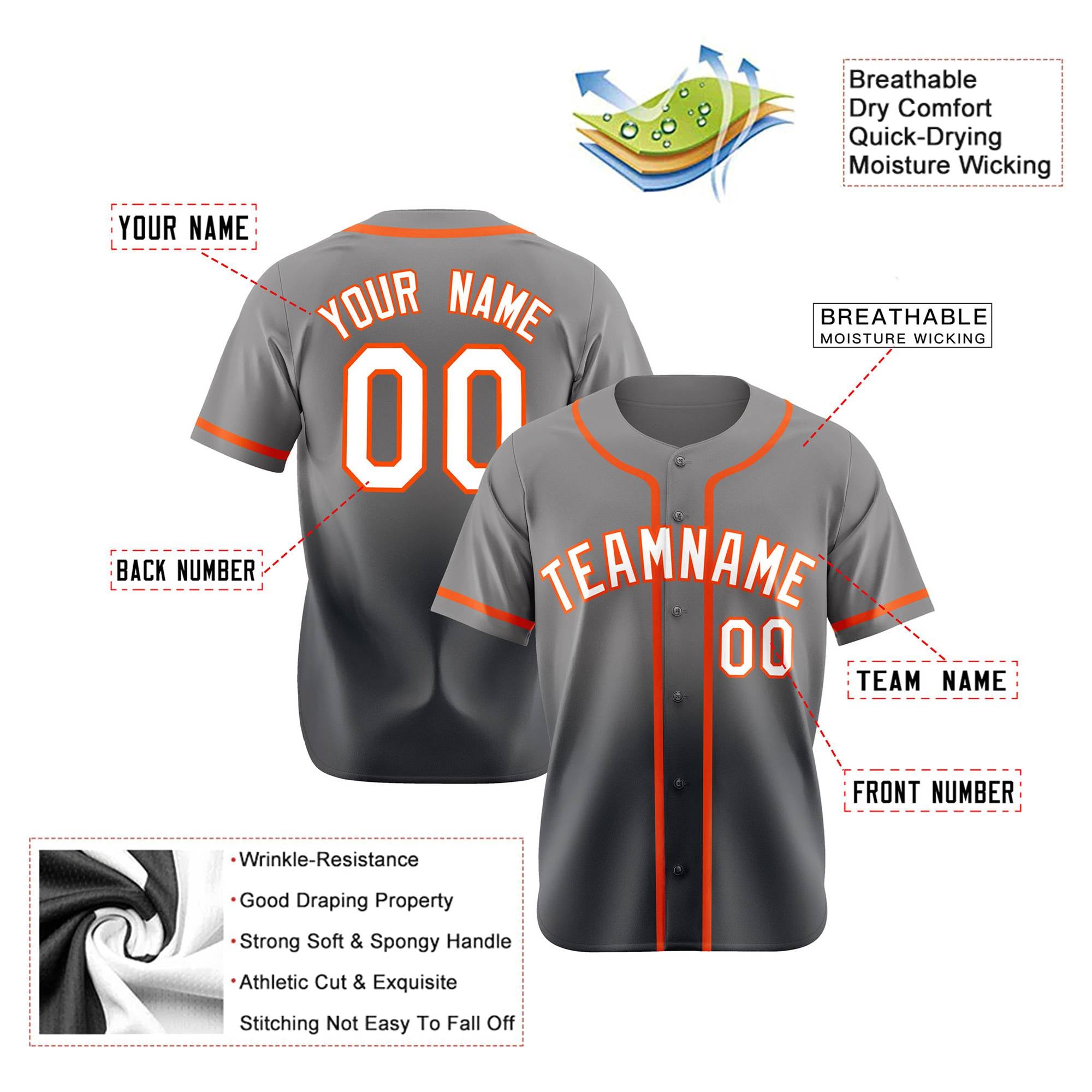 Custom Gray White-Orange Authentic Fade Fashion Baseball Jersey