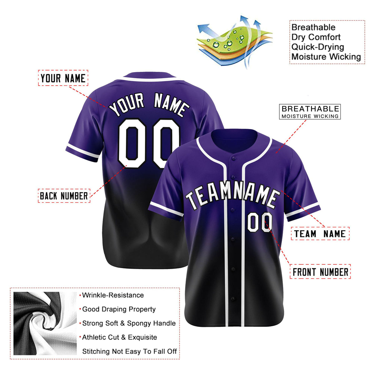 Custom Purple Black-White Authentic Fade Fashion Baseball Jersey