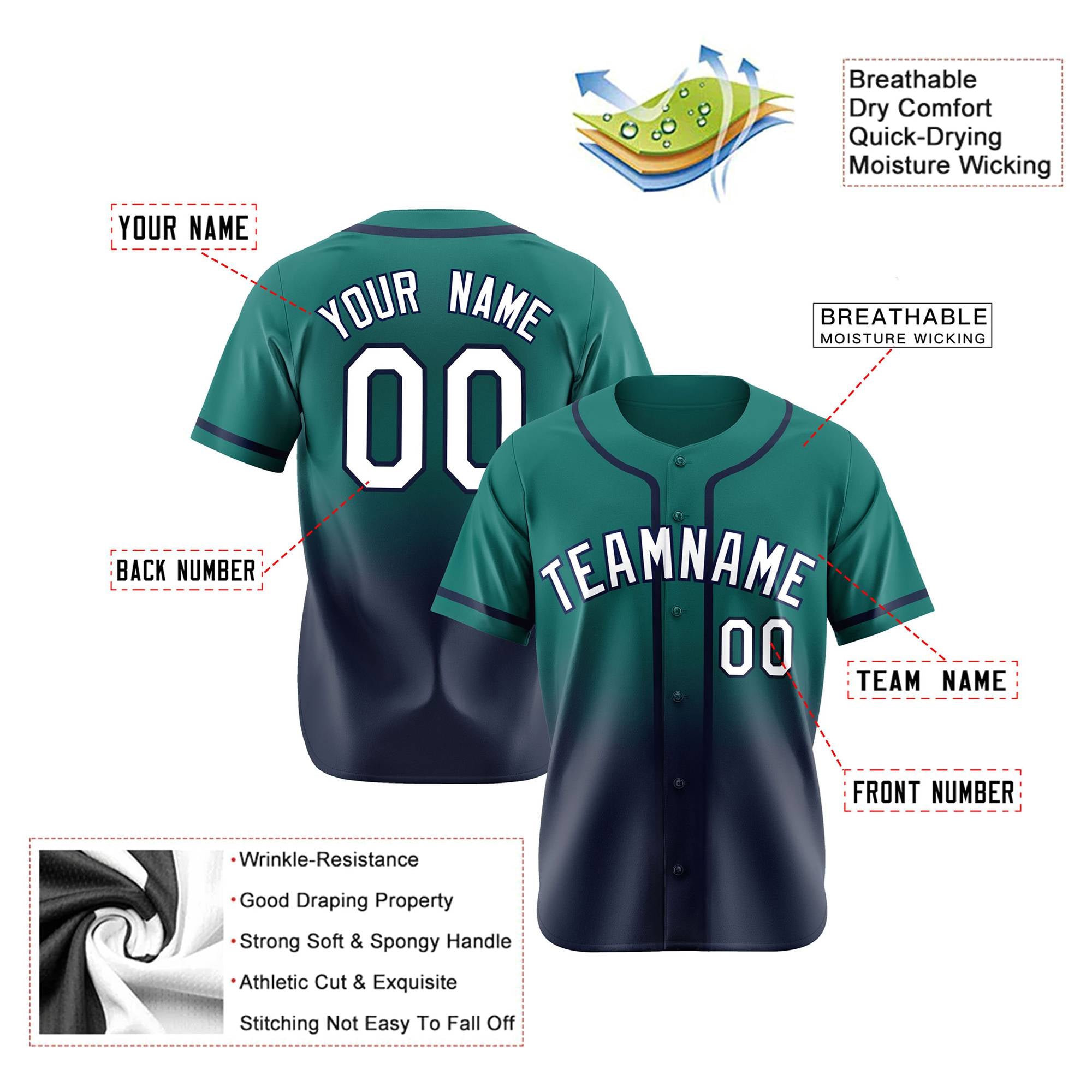 Custom Aqua Navy-White Authentic Fade Fashion Baseball Jersey