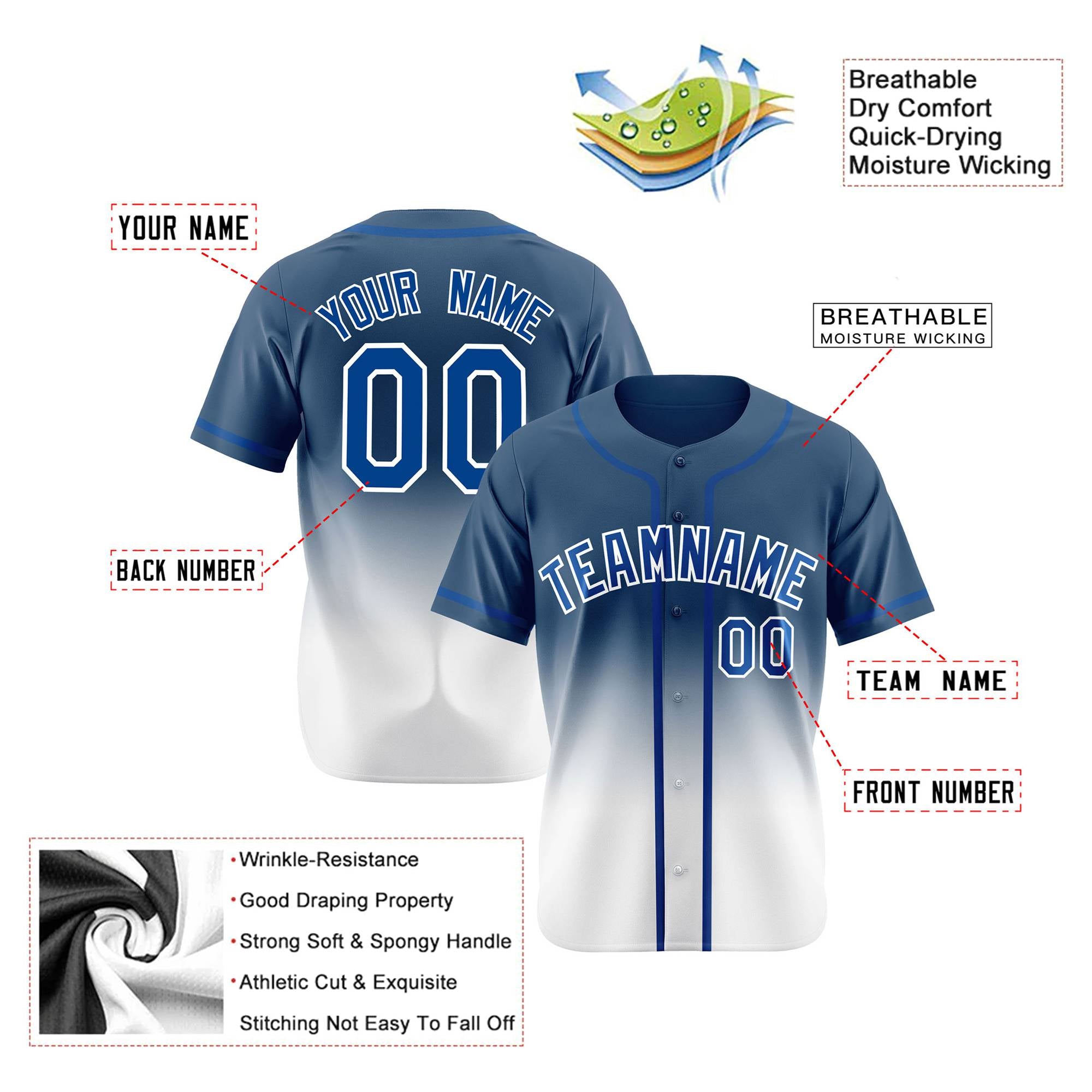 Custom Blue White Authentic Fade Fashion Baseball Jersey