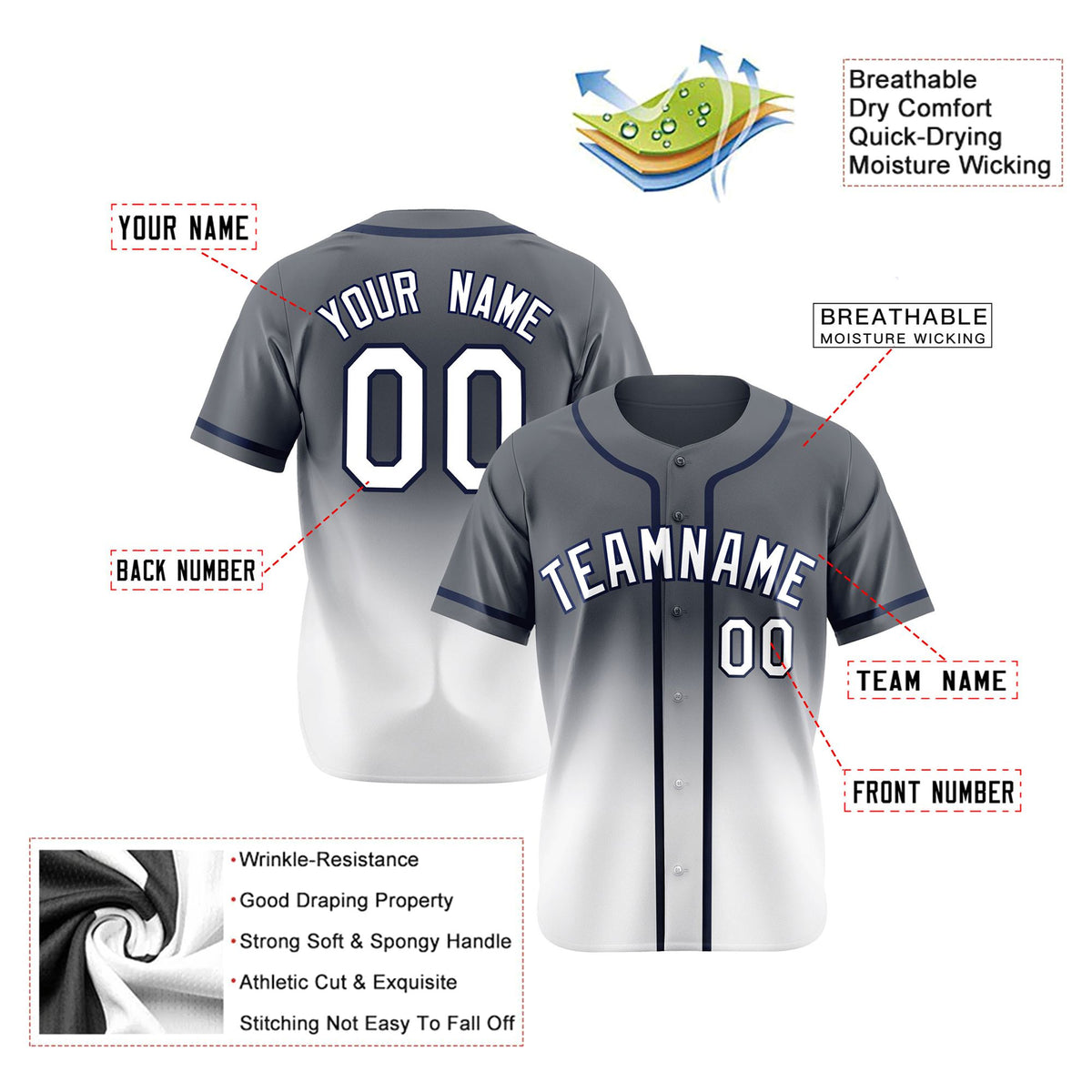 Custom Dark Gray White Authentic Fade Fashion Baseball Jersey