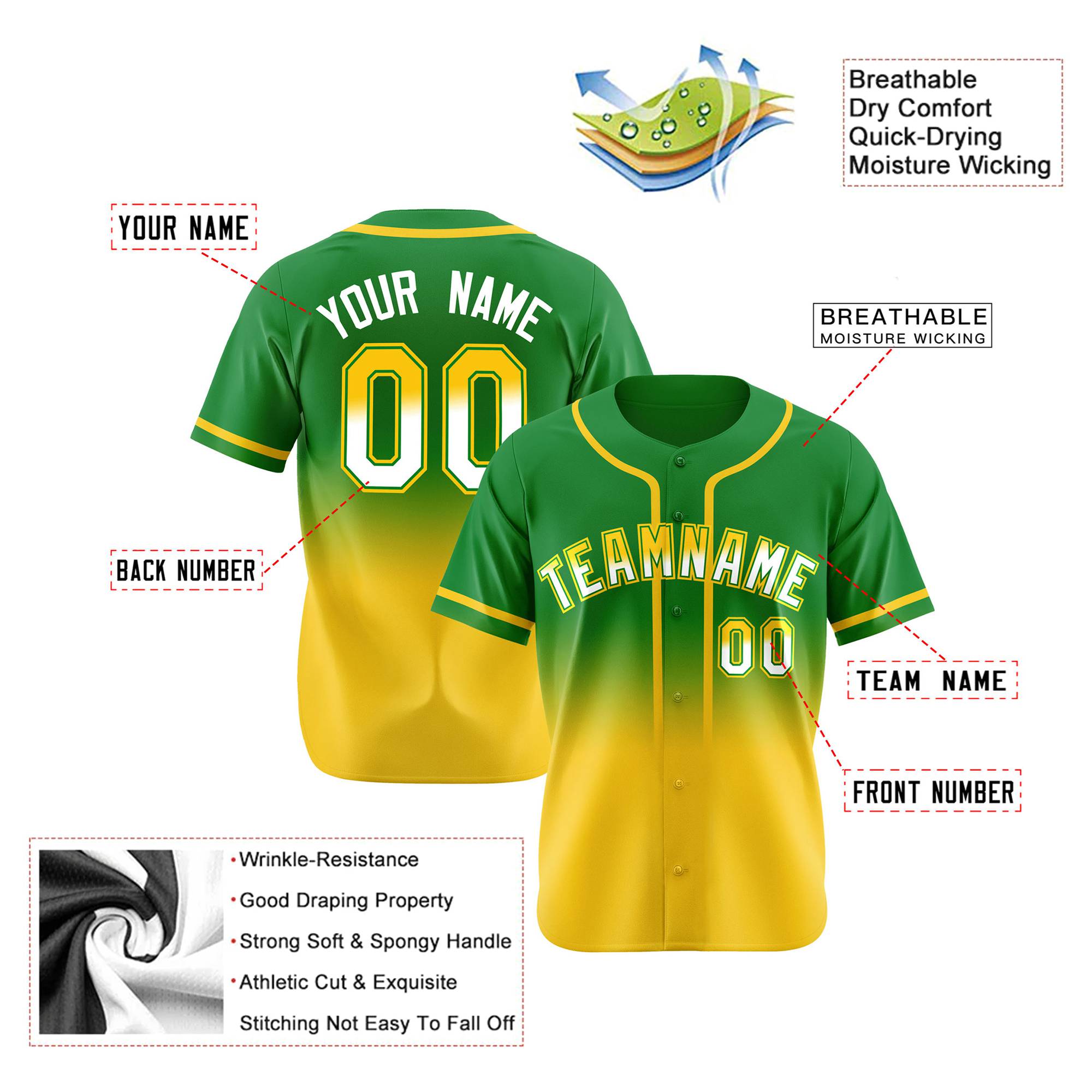 Custom Kelly Green Gold-White Authentic Fade Fashion Baseball Jersey