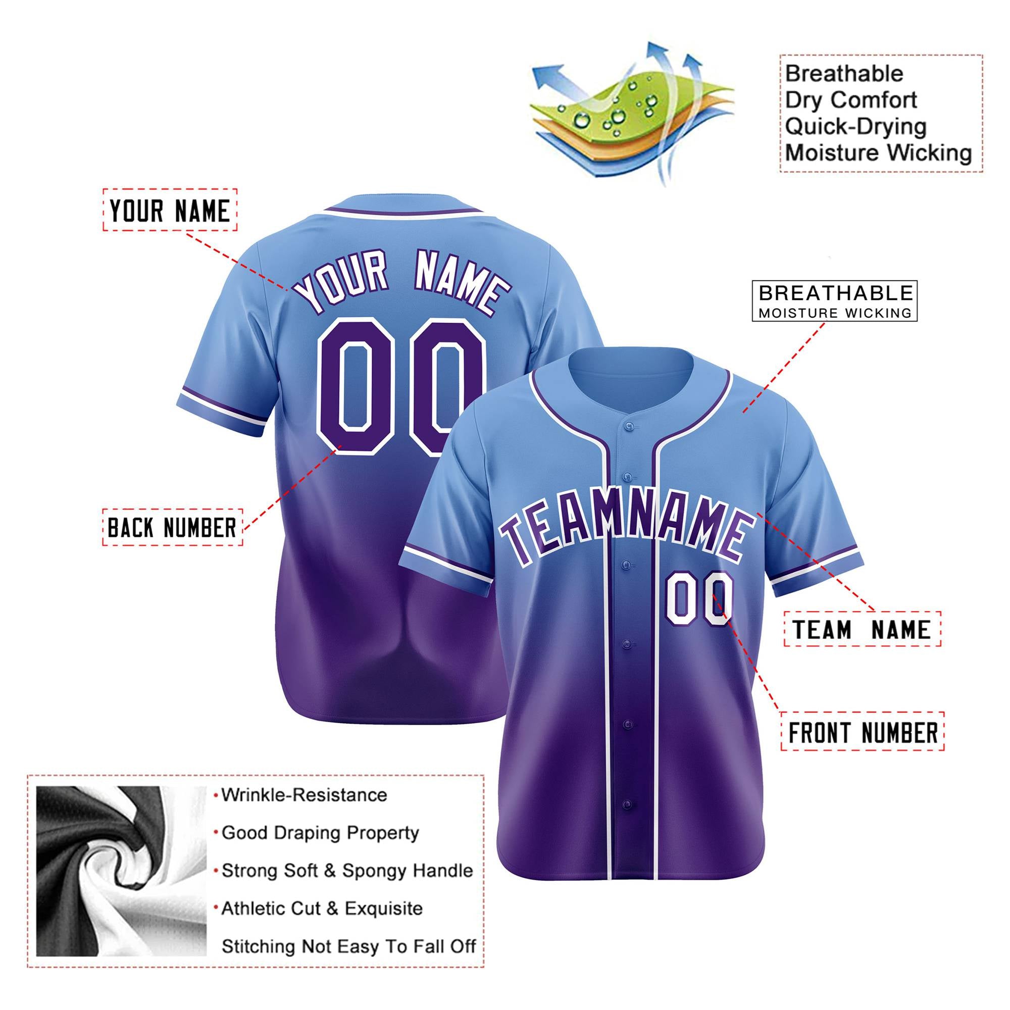 Custom Light Blue Purple-White Authentic Fade Fashion Baseball Jersey