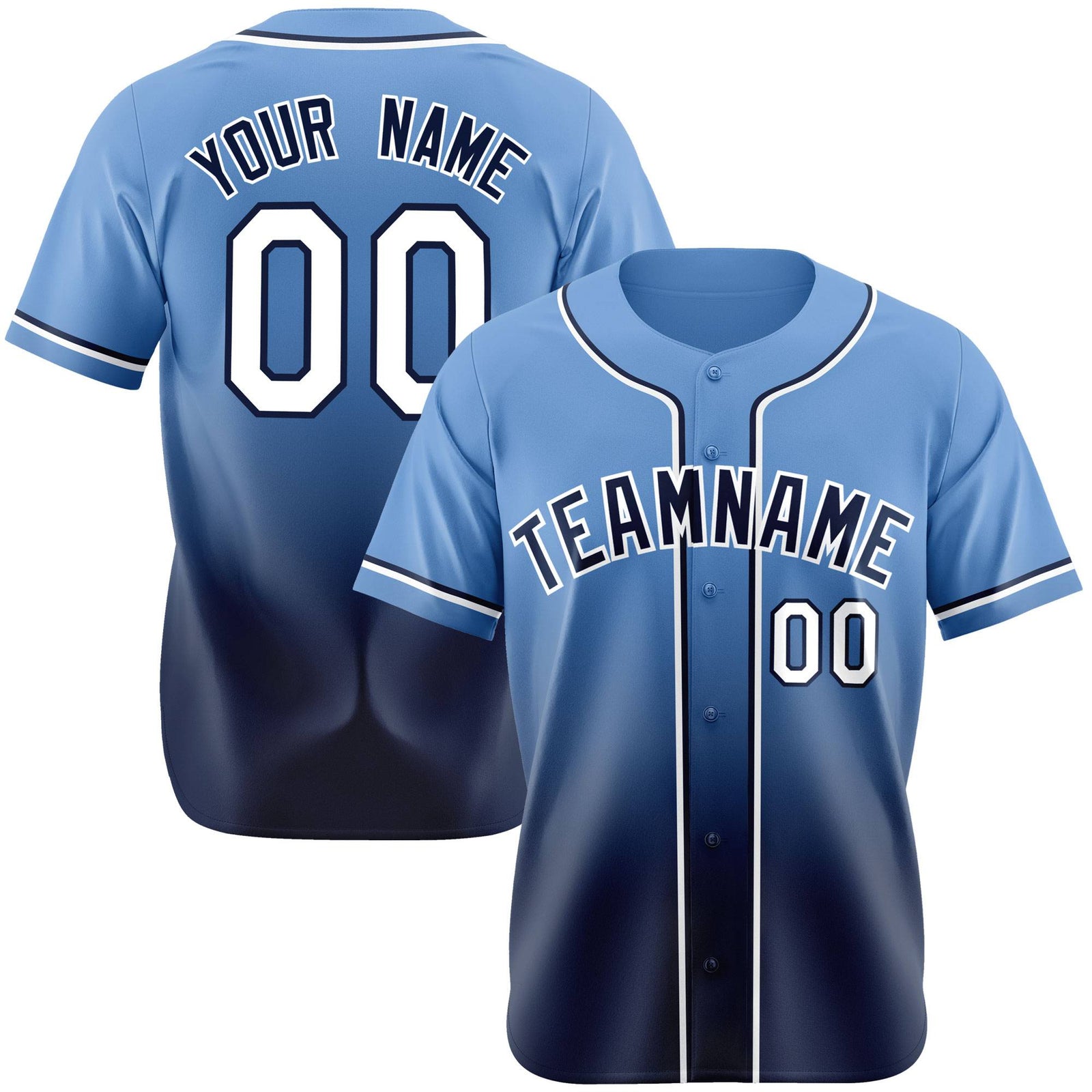 Custom Light Blue Navy-White Authentic Fade Fashion Baseball Jersey